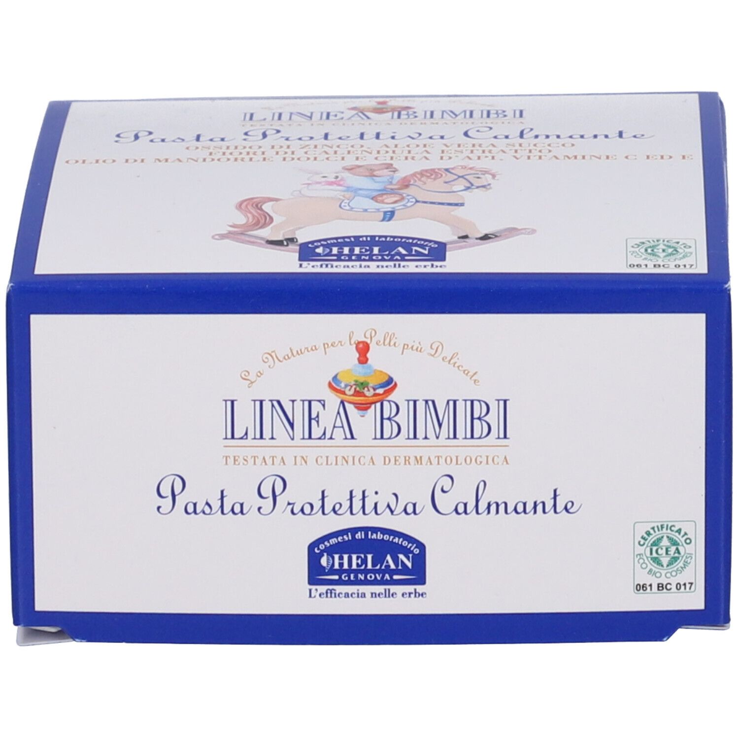 Scatola blu con stampa del prodotto. Scritta: LINEA BIMBI Pasta Protettiva Calmante. Logo e nome del prodotto.