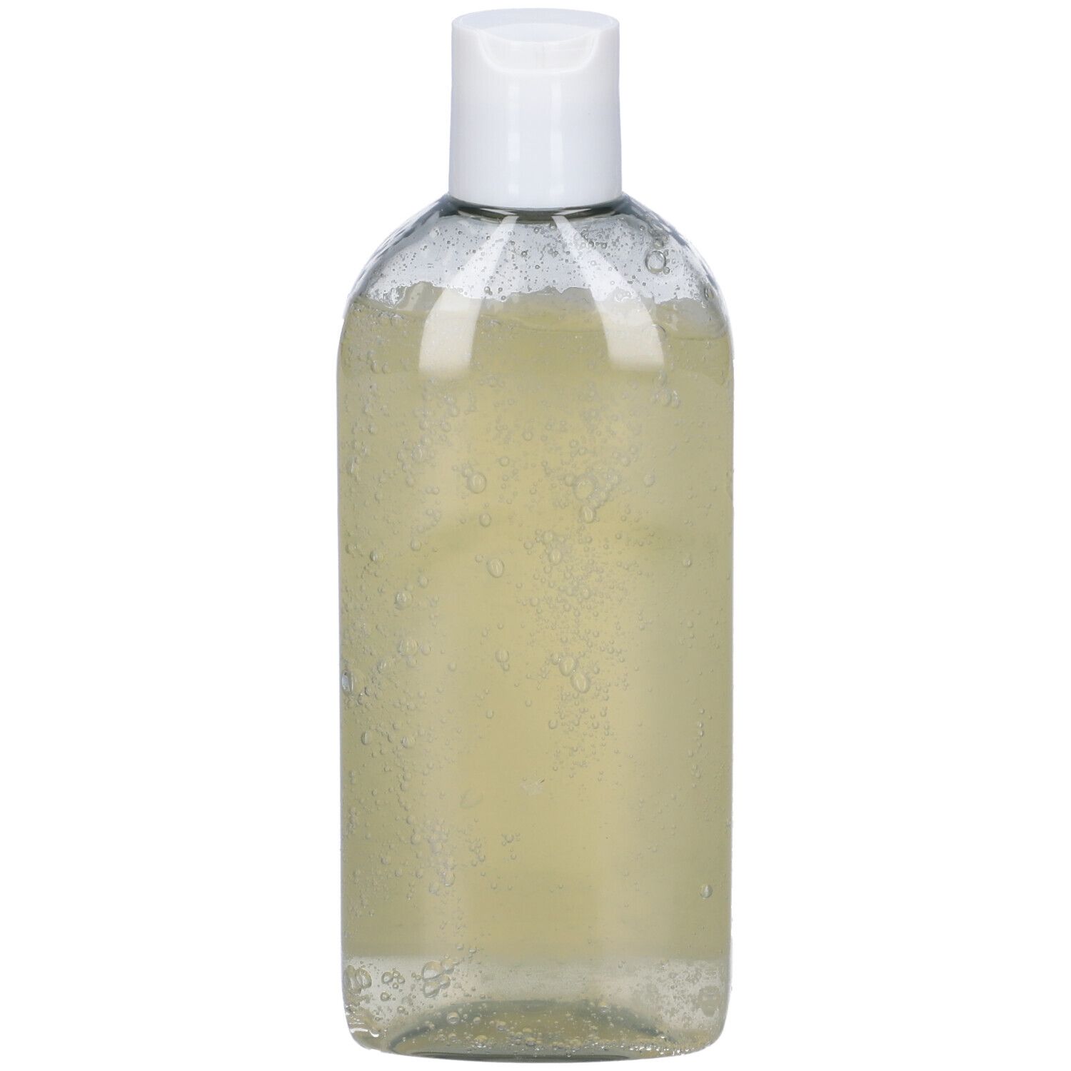 Flacone con tappo bianco. Liquido con bolle. Nome prodotto: Bagno Totale. Marchio: Helan.