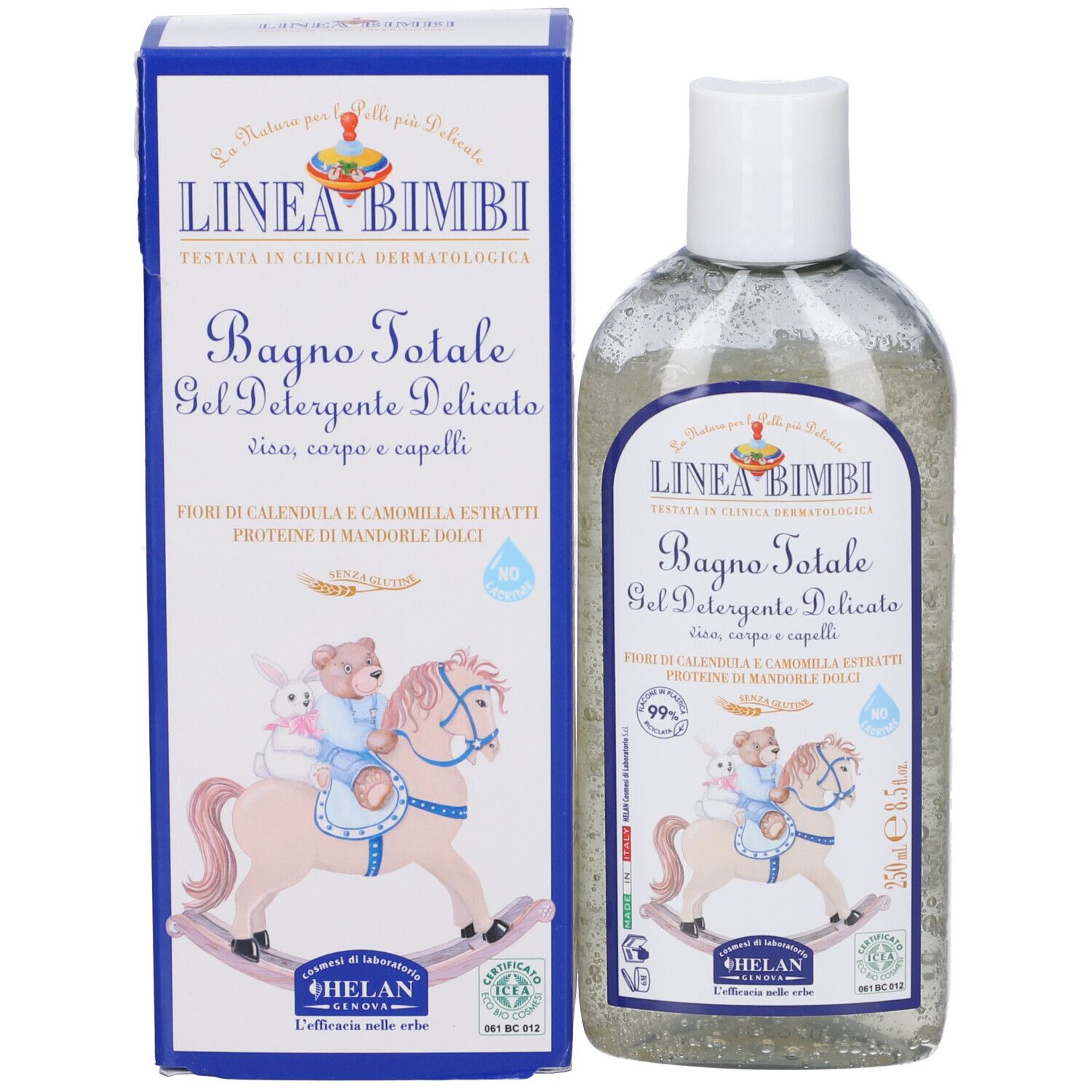 Flacone e confezione affiancati. Confezione blu con testo e illustrazioni. Nome prodotto: Bagno Totale. Marchio: Helan.