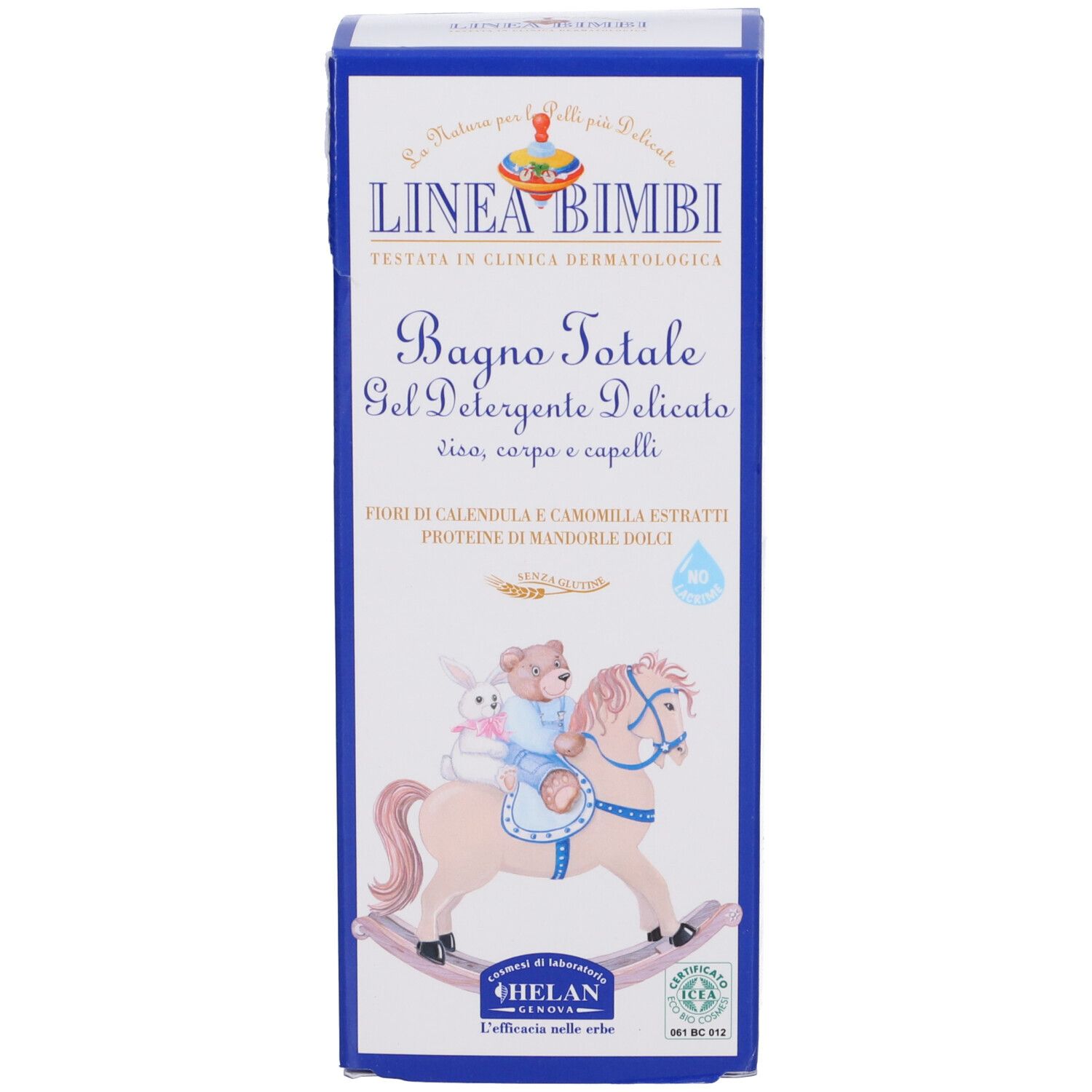 Confezione blu con testo e illustrazioni. Nome prodotto: Bagno Totale. Marchio: Helan. Testo: Per viso, corpo e capelli.