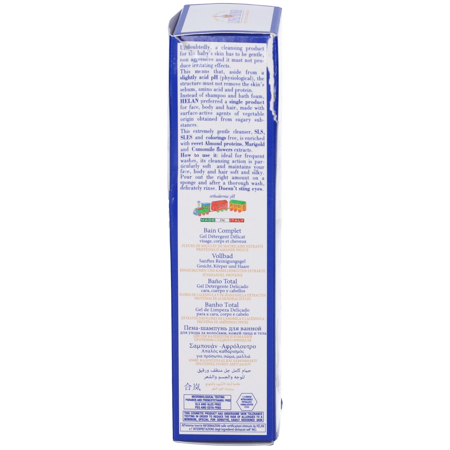 Confezione blu con testo. Testo: Prodotto detergente per pelli sensibili. Ingredienti: Proteine di mandorle, camomilla, calendula.