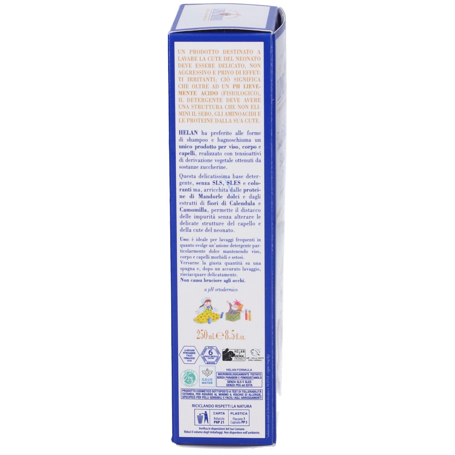Confezione blu con testo. Testo: Prodotto detergente per pelli sensibili. pH. Senza SLS, SLES e coloranti.