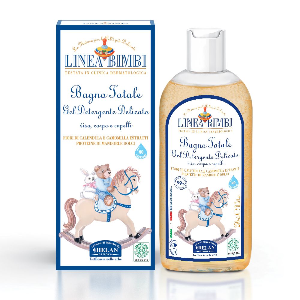Flacone e confezione affiancati. Confezione blu con testo e illustrazioni. Nome prodotto: Bagno Totale. Marchio: Helan.
