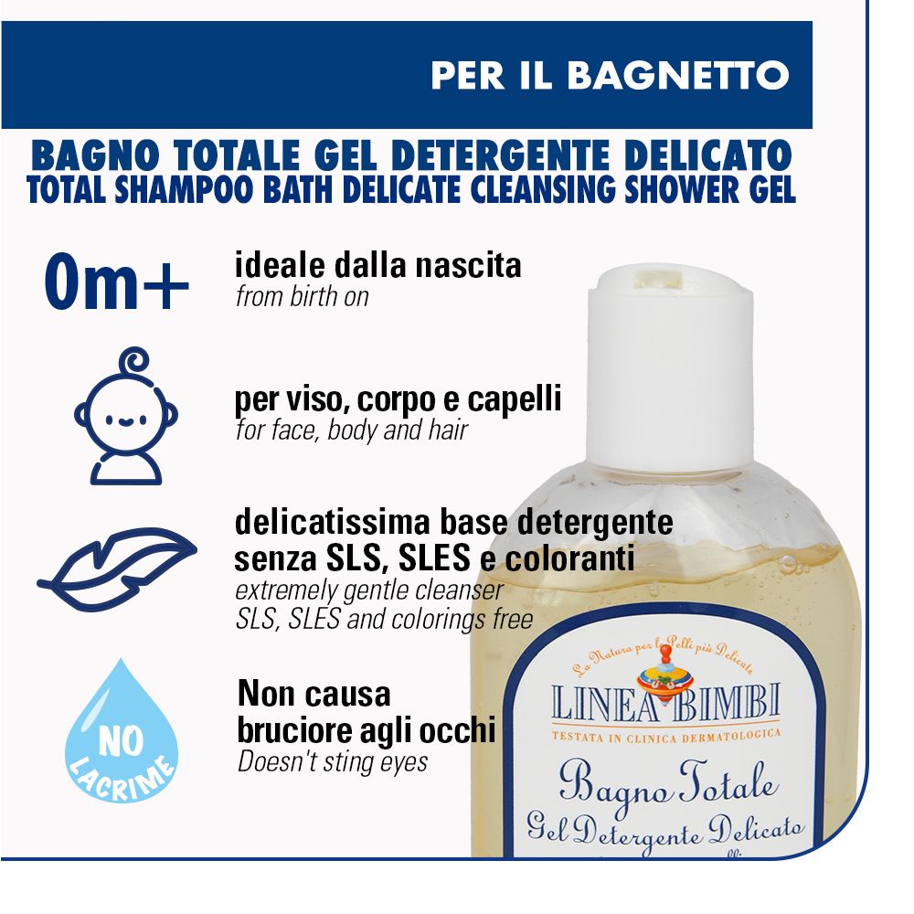 Primo piano del flacone. Testo: Bagno Totale, per viso, corpo e capelli. Senza SLS, SLES e coloranti. Non brucia gli occhi.