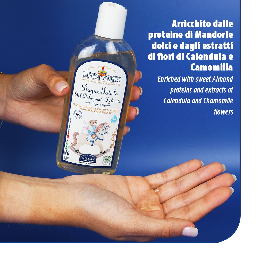 Mani che tengono un flacone. Nome prodotto: Bagno Totale. Testo: Con proteine di mandorle ed estratti di calendula e camomilla.