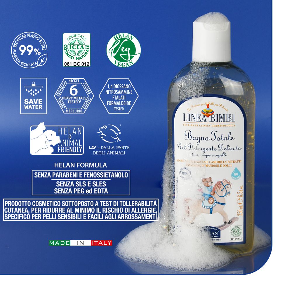 Flacone con loghi e testo. Testo: Senza parabeni, SLS, SLES, PEG e EDTA. Made in Italy. Certificazioni.