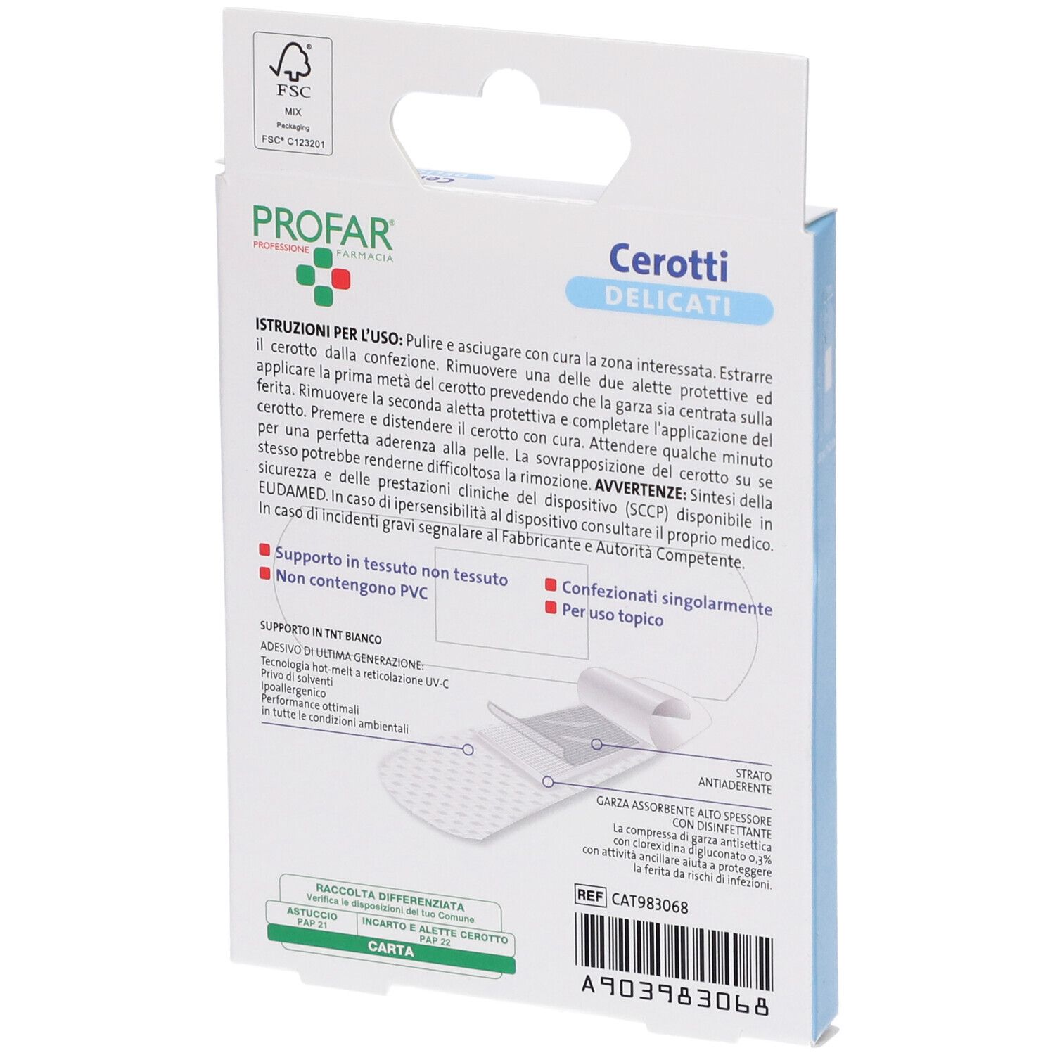 Retro della confezione di cerotti. Informazioni e istruzioni. Logo FSC.