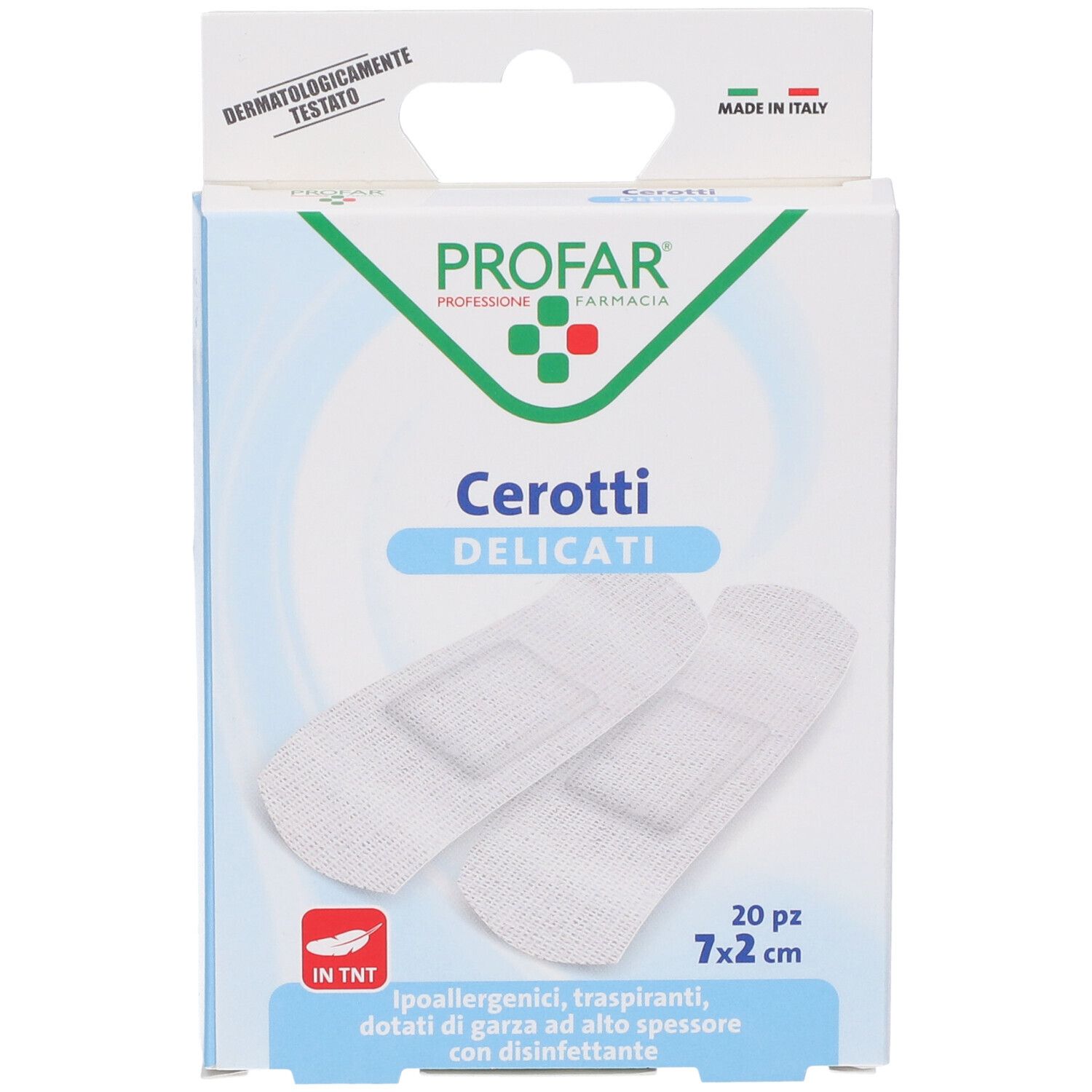 Confezione di cerotti PROFAR. 20 pezzi, 7x2 cm. Testato dermatologicamente. Made in Italy.