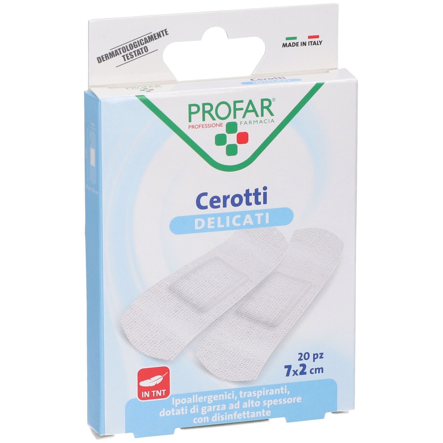 Confezione di cerotti PROFAR. 20 pezzi, 7x2 cm. Testato dermatologicamente.