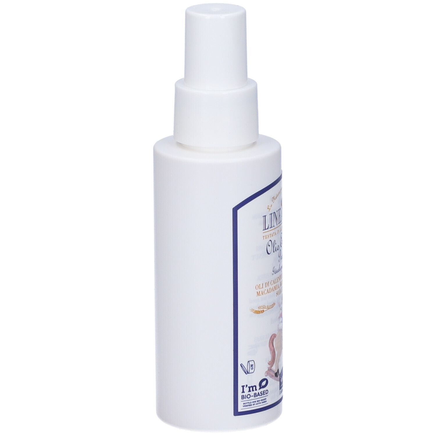 Flacone bianco con vaporizzatore. Scritta: Linea Bimbi, Olio Emolliente Protettivo. Illustrazione di un cavallo a dondolo. Etichetta con ingredienti.
