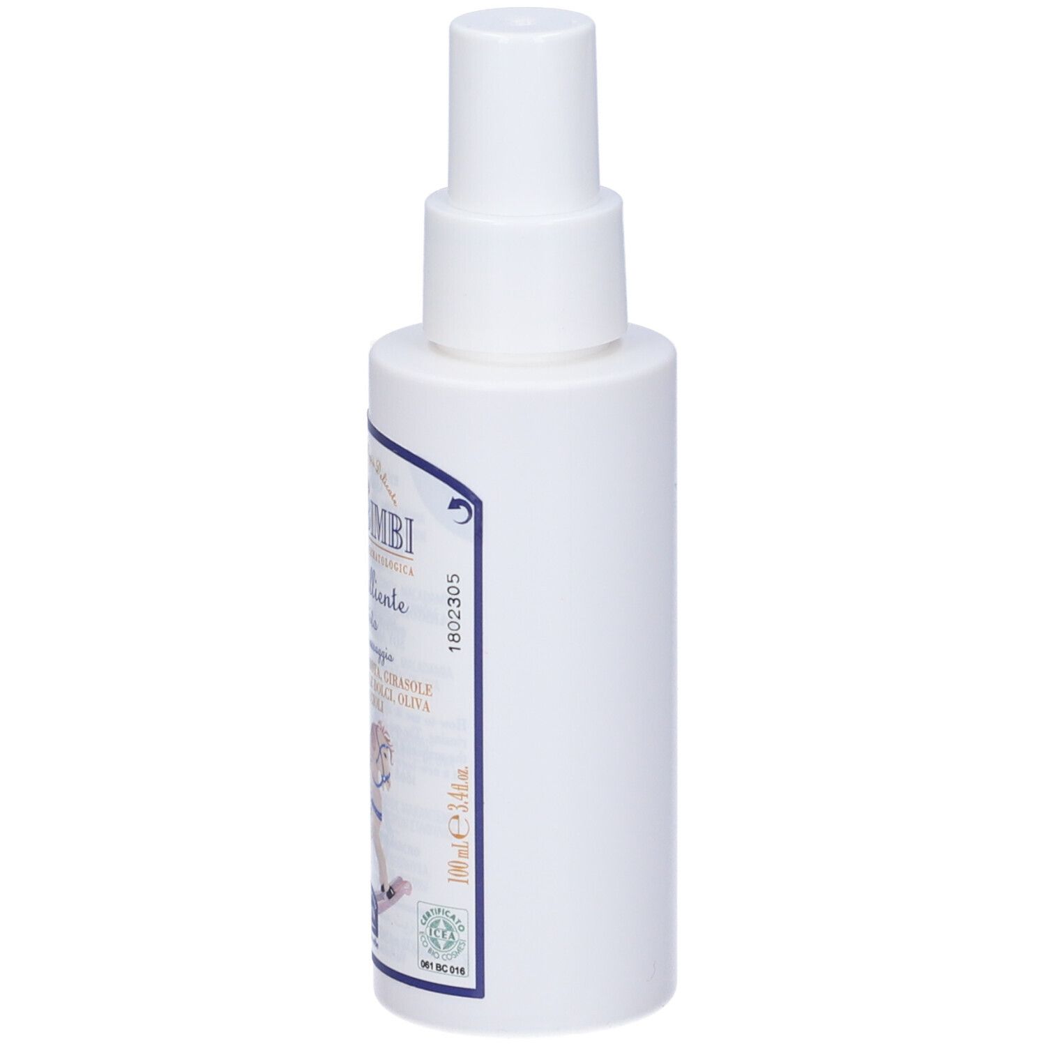 Flacone bianco con vaporizzatore. Scritta: Linea Bimbi, Olio Emolliente Protettivo. Etichetta con ingredienti.