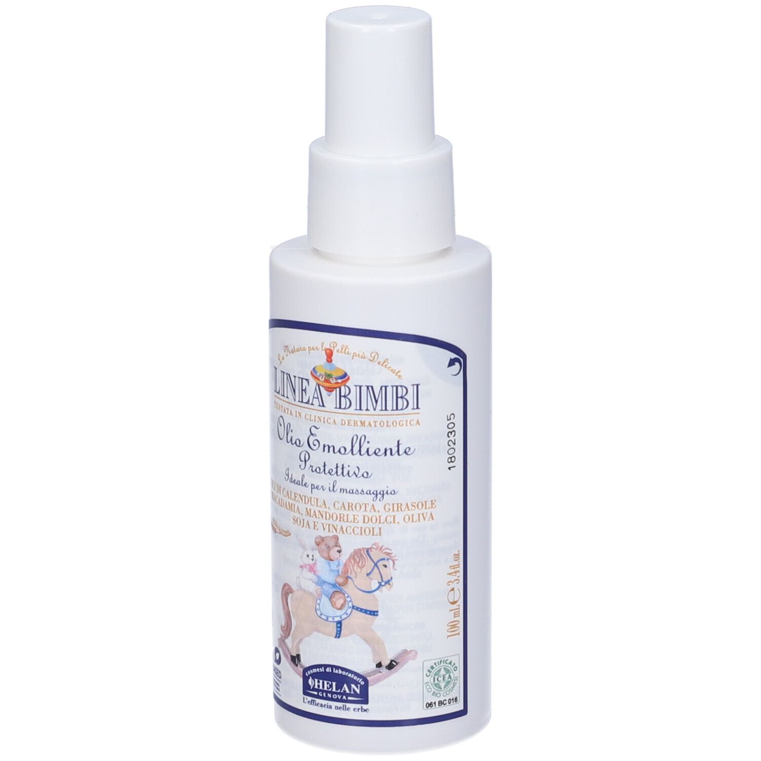 Flacone bianco con vaporizzatore. Scritta: Linea Bimbi, Olio Emolliente Protettivo. Etichetta con ingredienti.