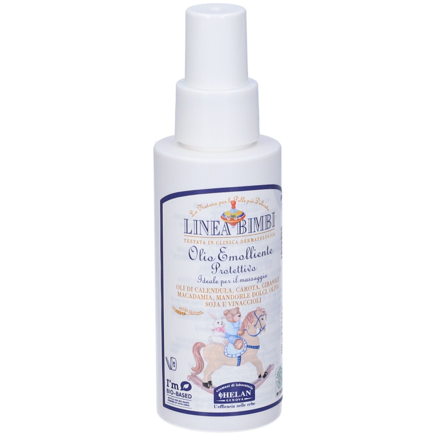 Flacone bianco con vaporizzatore. Scritta: Linea Bimbi, Olio Emolliente Protettivo. Etichetta con ingredienti.