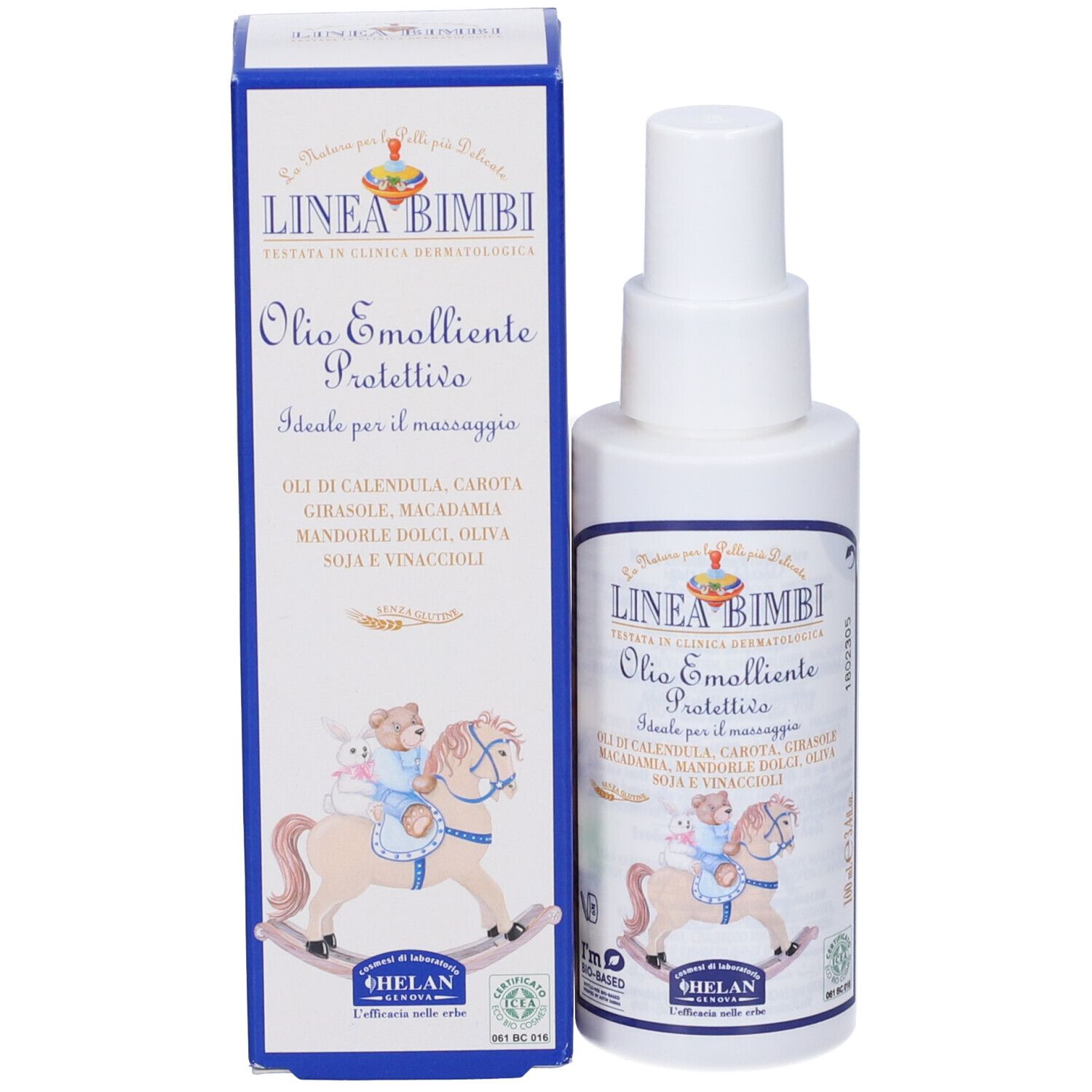 Flacone bianco con vaporizzatore e scatola. Scritta: Linea Bimbi, Olio Emolliente Protettivo. Illustrazione di un cavallo a dondolo.