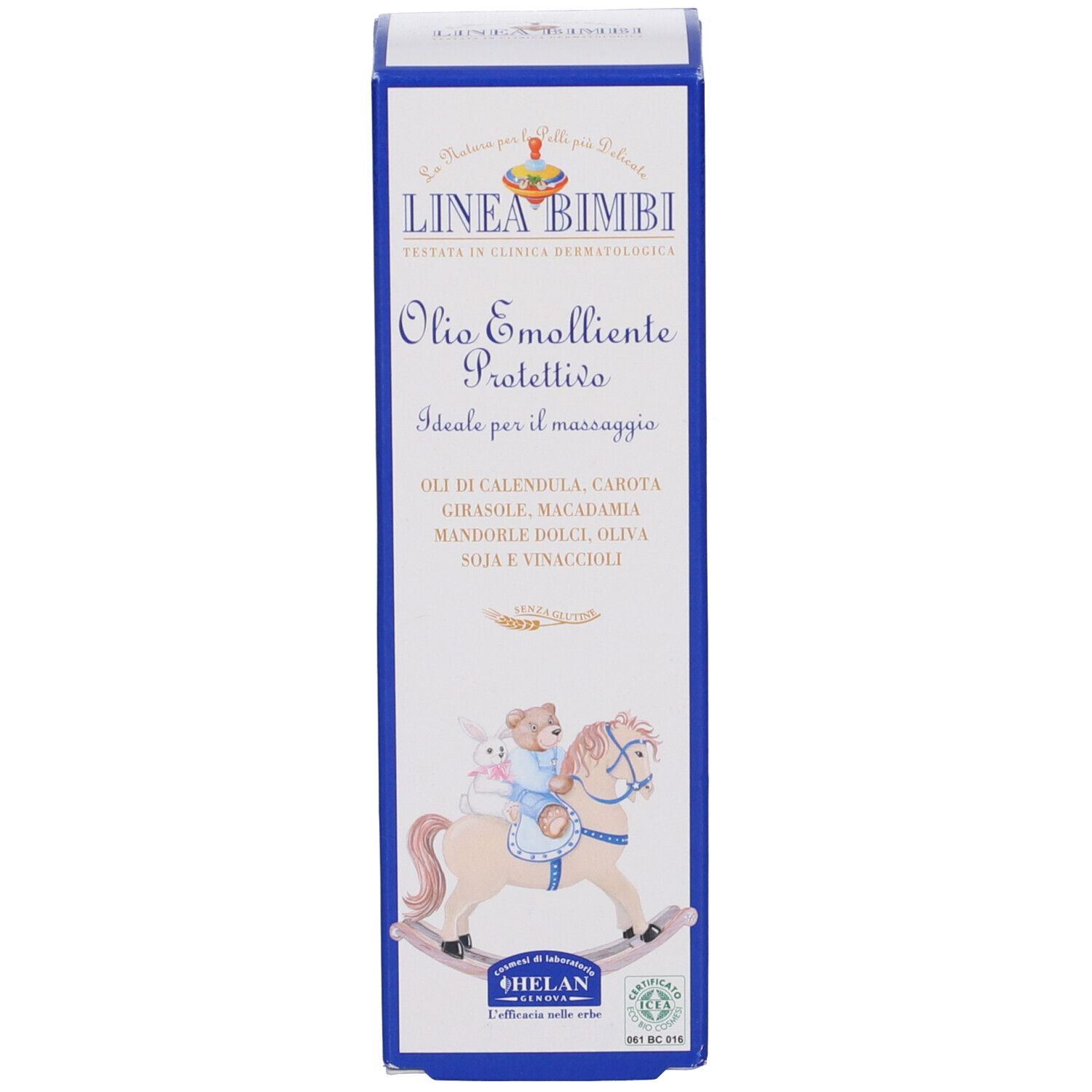Scatola. Scritta: Linea Bimbi, Olio Emolliente Protettivo. Illustrazione di un cavallo a dondolo. Logo e testo.