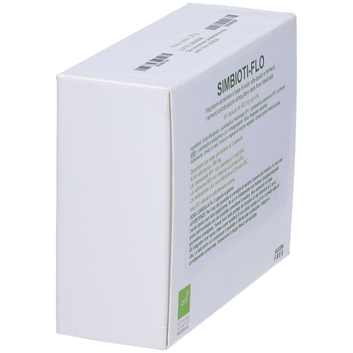 Scatola bianca inclinata. Logo SIMBIOTI-FLO e testo in italiano. Logo senza glutine.