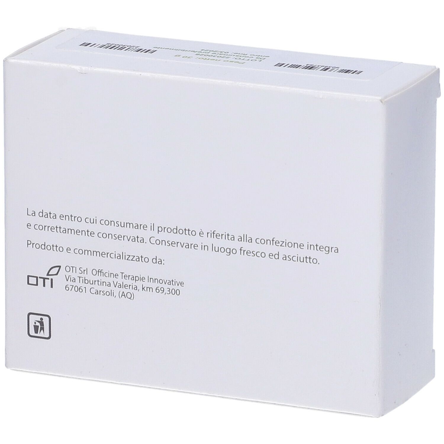 Scatola bianca con testo in italiano. Logo OTI e un simbolo.