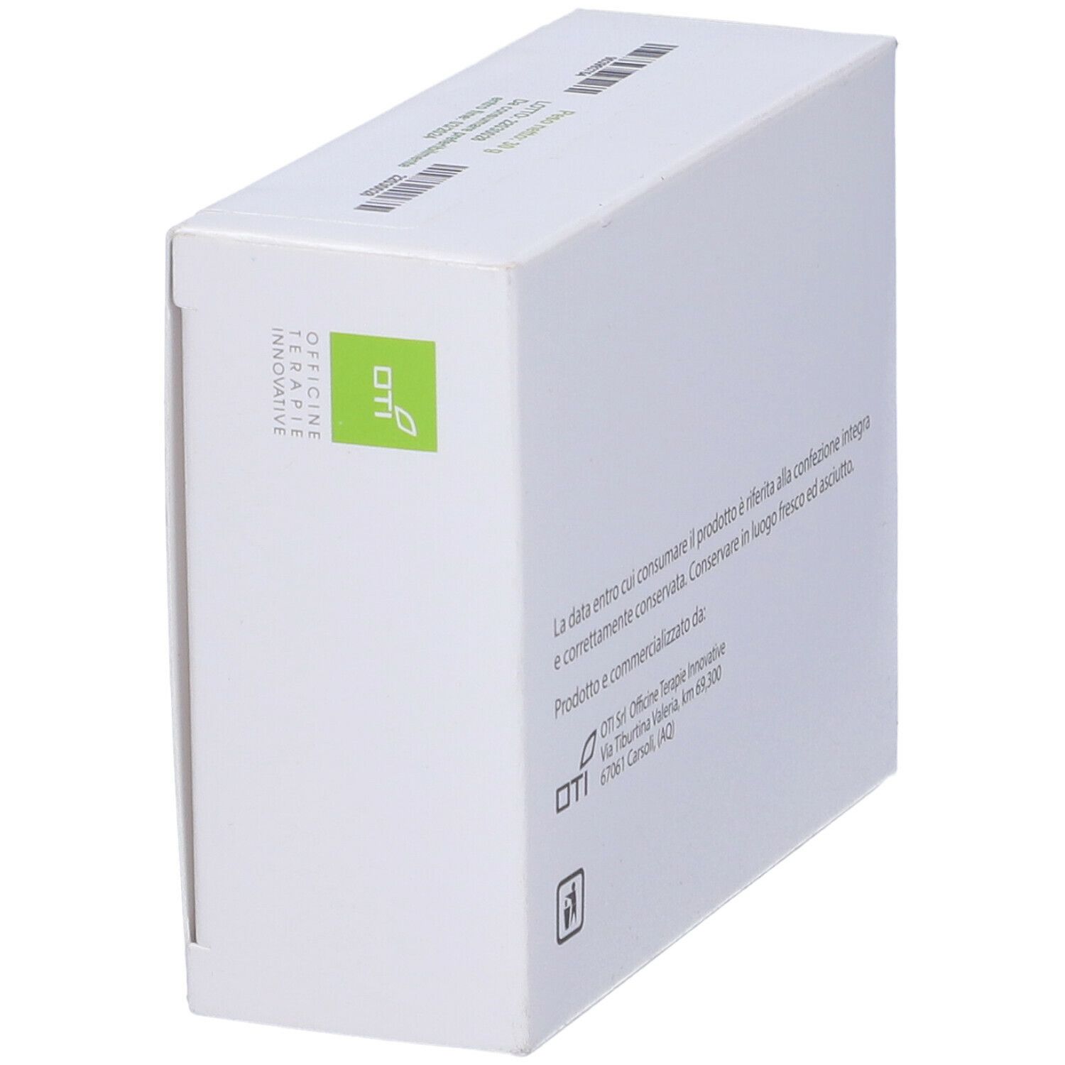 Scatola bianca inclinata. Logo OTI e testo in italiano. Codice a barre.