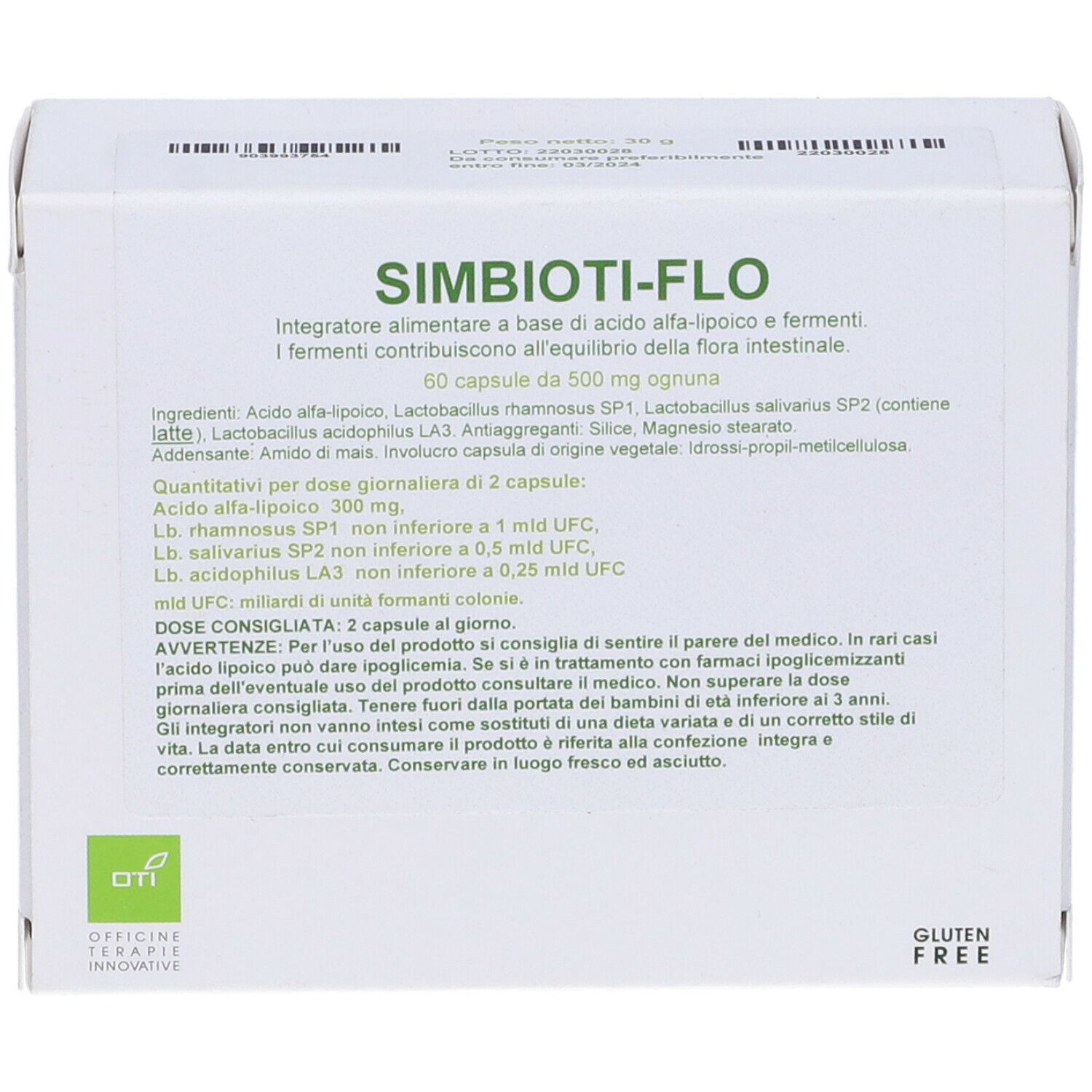 Scatola bianca con logo SIMBIOTI-FLO e testo in italiano. Logo senza glutine.