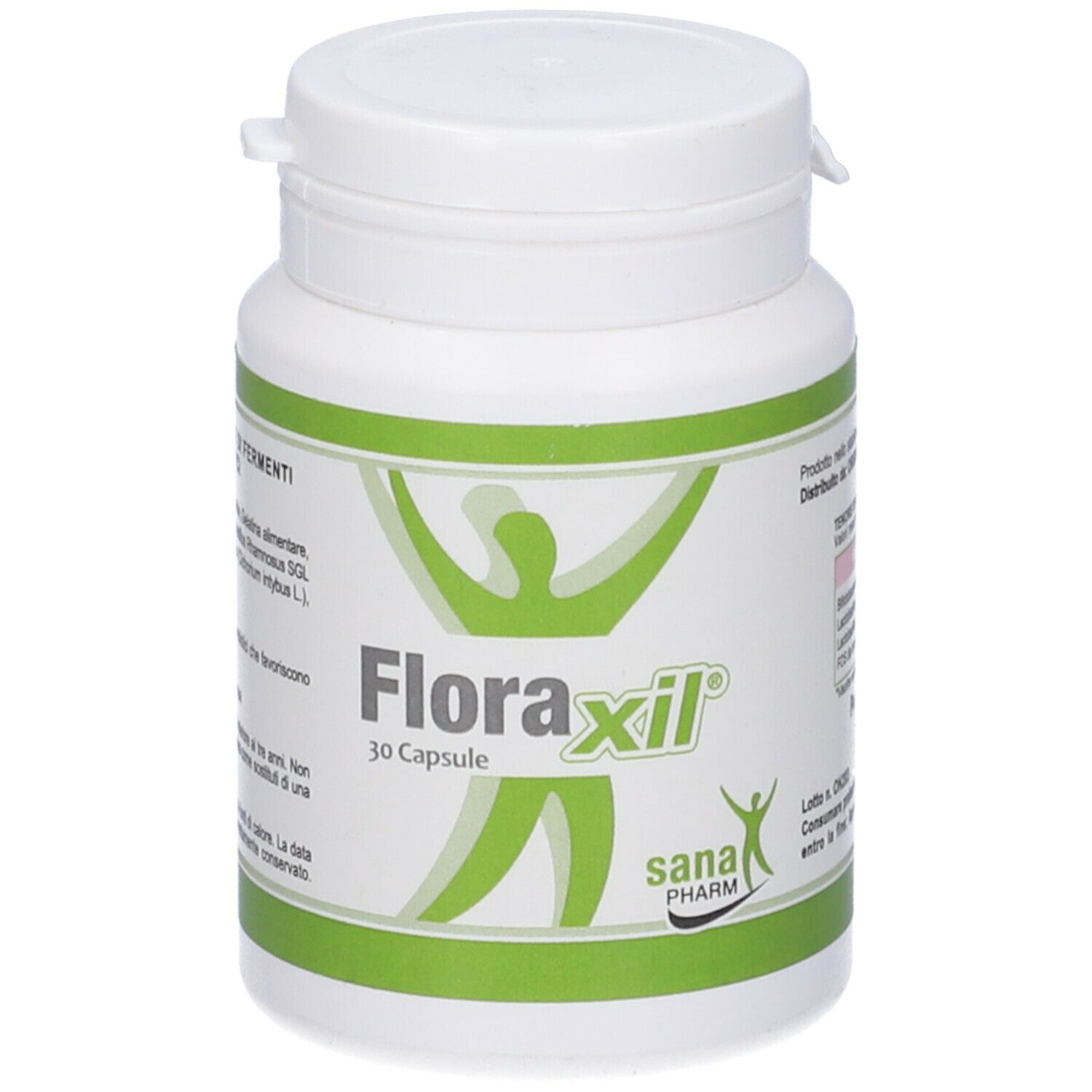 Flacone bianco con etichetta verde. Scritta: Floraxil, 30 capsule. Logo Sana Pharm. Tappo con chiusura a vite.