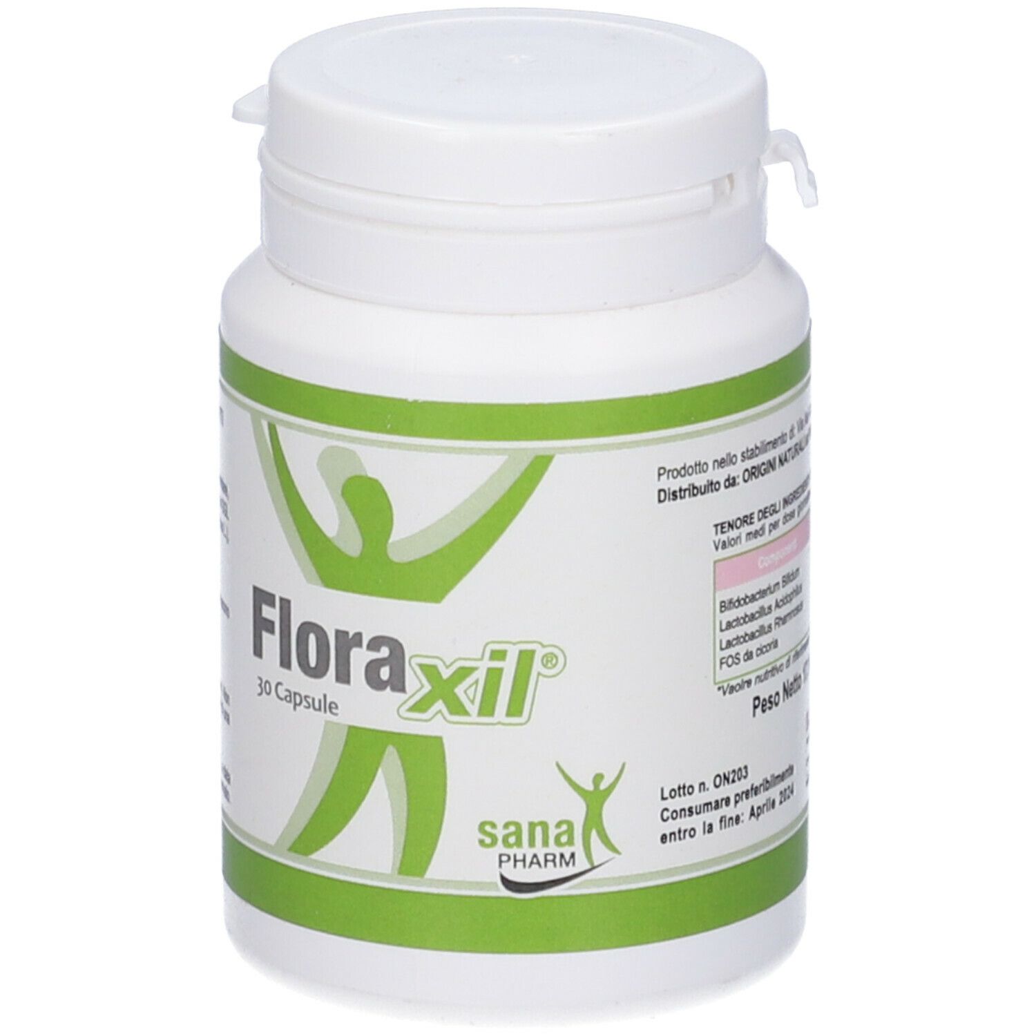 Flacone bianco con etichetta verde. Scritta: Floraxil, 30 capsule. Logo Sana Pharm. Tappo con chiusura a vite.