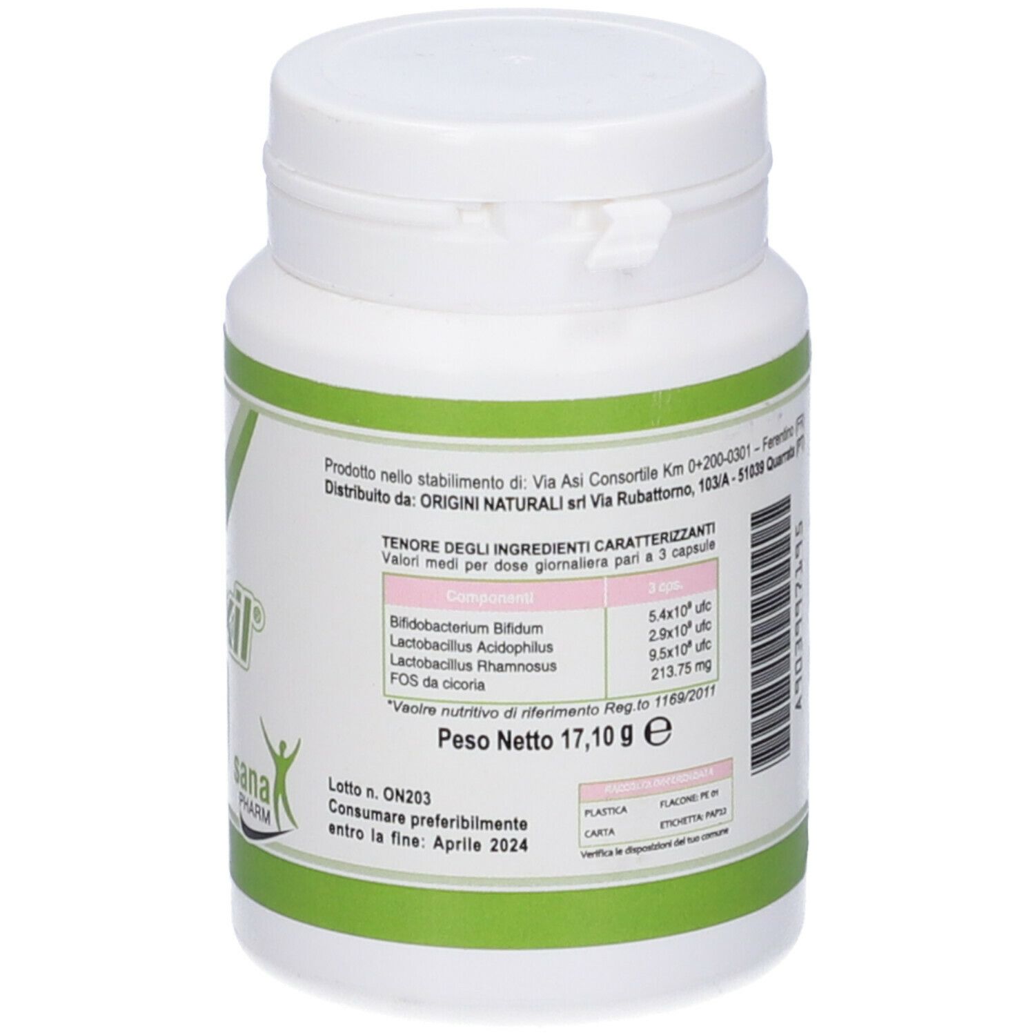 Flacone bianco con etichetta verde. Scritta: Floraxil. Elenco ingredienti, informazioni nutrizionali. Scadenza. Tappo.