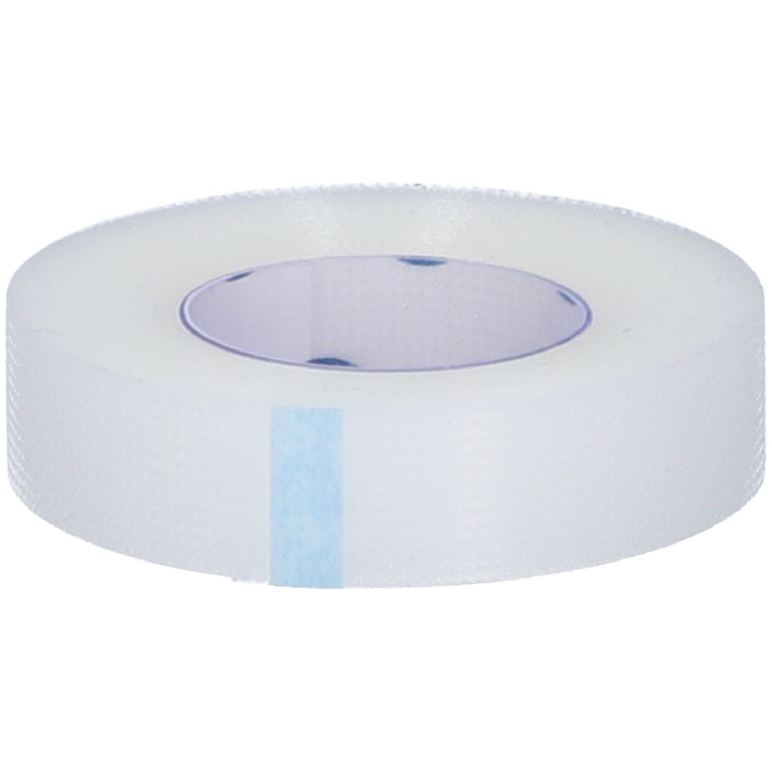 Rotolo di cerotto trasparente. Segno blu visibile. Forma cilindrica.