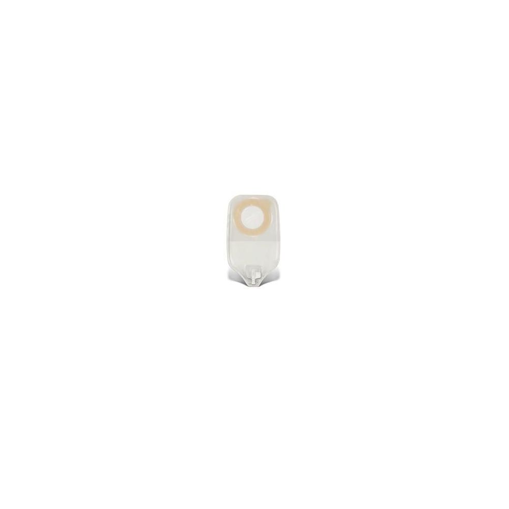 Sacca per urostomia trasparente. Anello bianco. Apertura visibile.