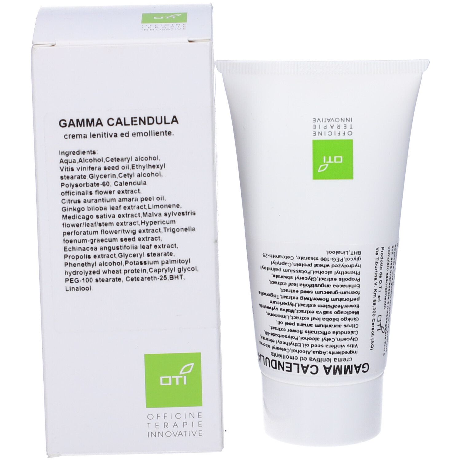 Confezione prodotto con tubo. Testo: Gamma Calendula, ingredienti, OTI Officine Therapie Innovative.