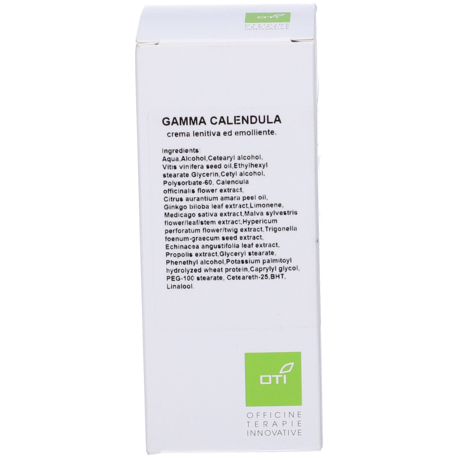 Confezione prodotto. Testo: Gamma Calendula, ingredienti, OTI Officine Therapie Innovative.