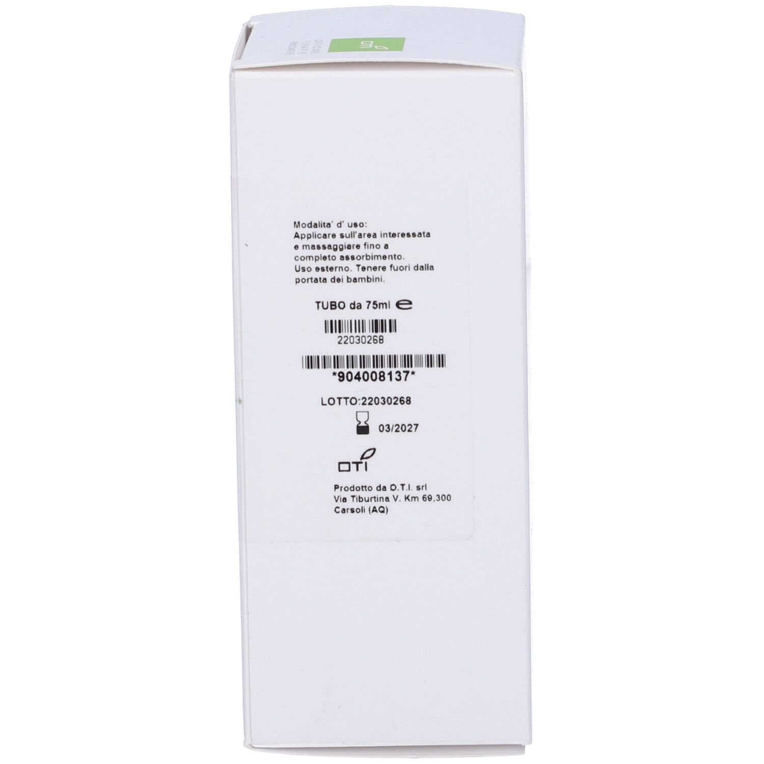 Confezione prodotto. Testo: TUBE da 75ml, LOTTO, OTI Officine Therapie Innovative.