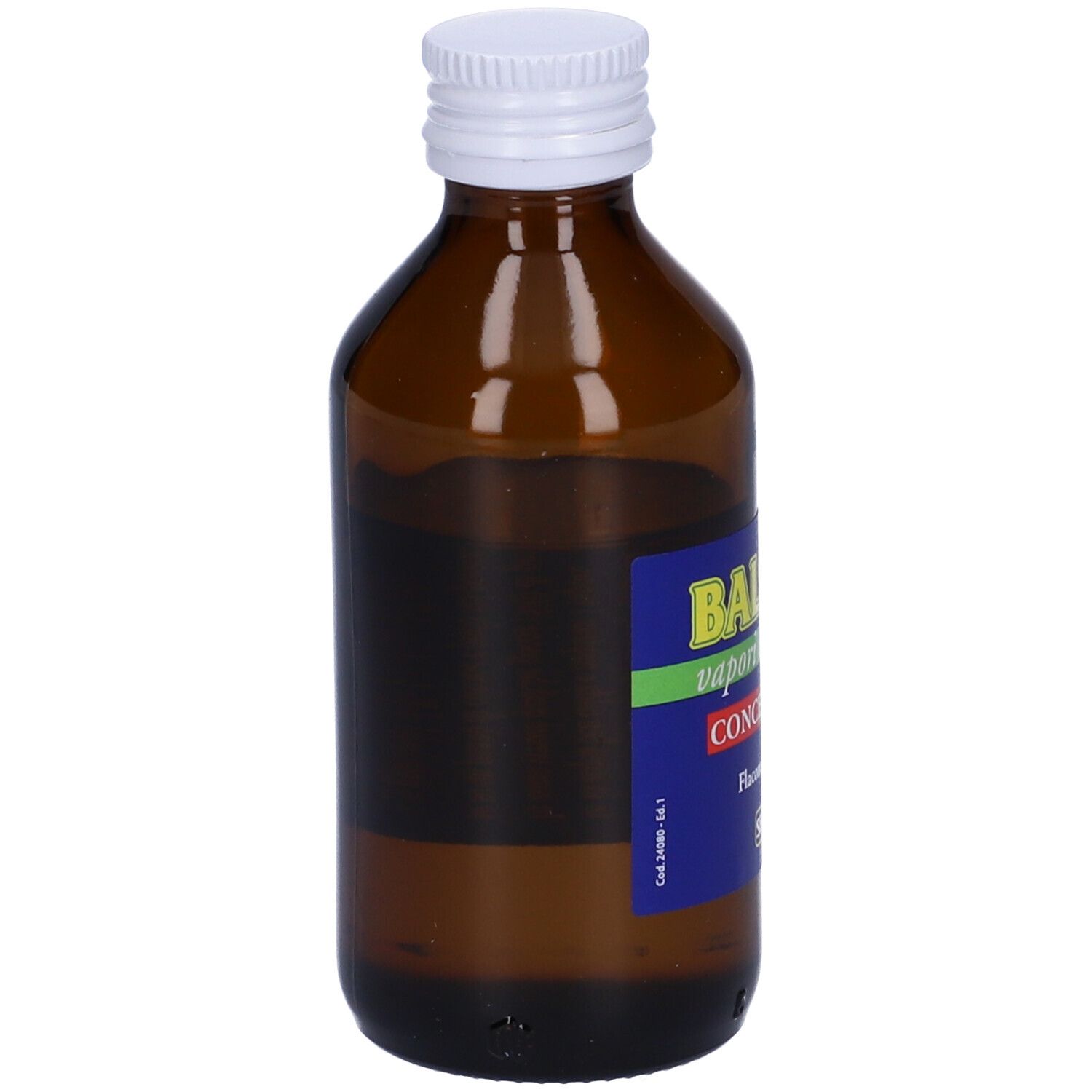 Flacone di vetro marrone con tappo bianco. Etichetta con testo: BALSAM vapori balsamici Concentrato. Flacone di SELLA.