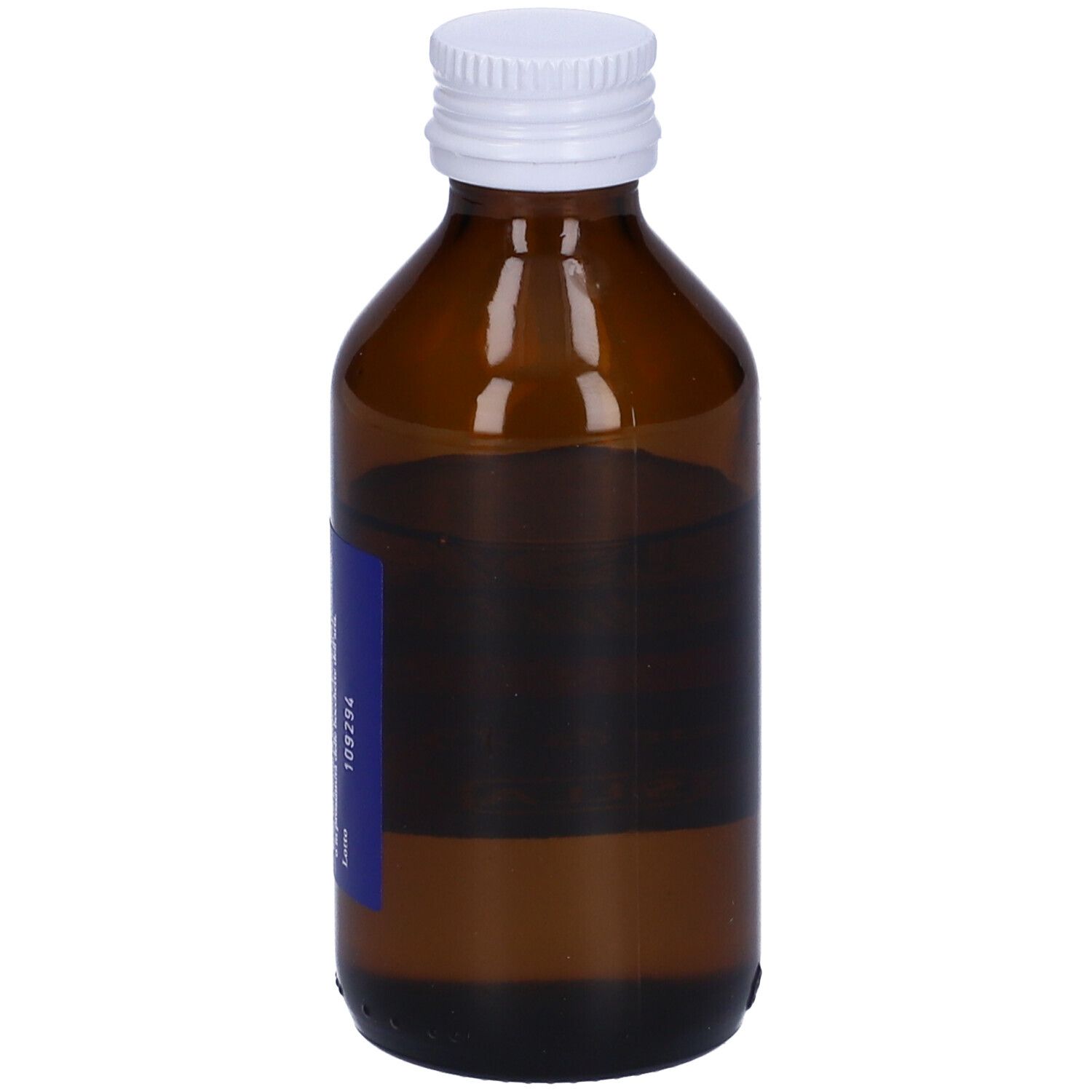 Flacone di vetro marrone con tappo bianco. Etichetta con testo. Flacone di SELLA.