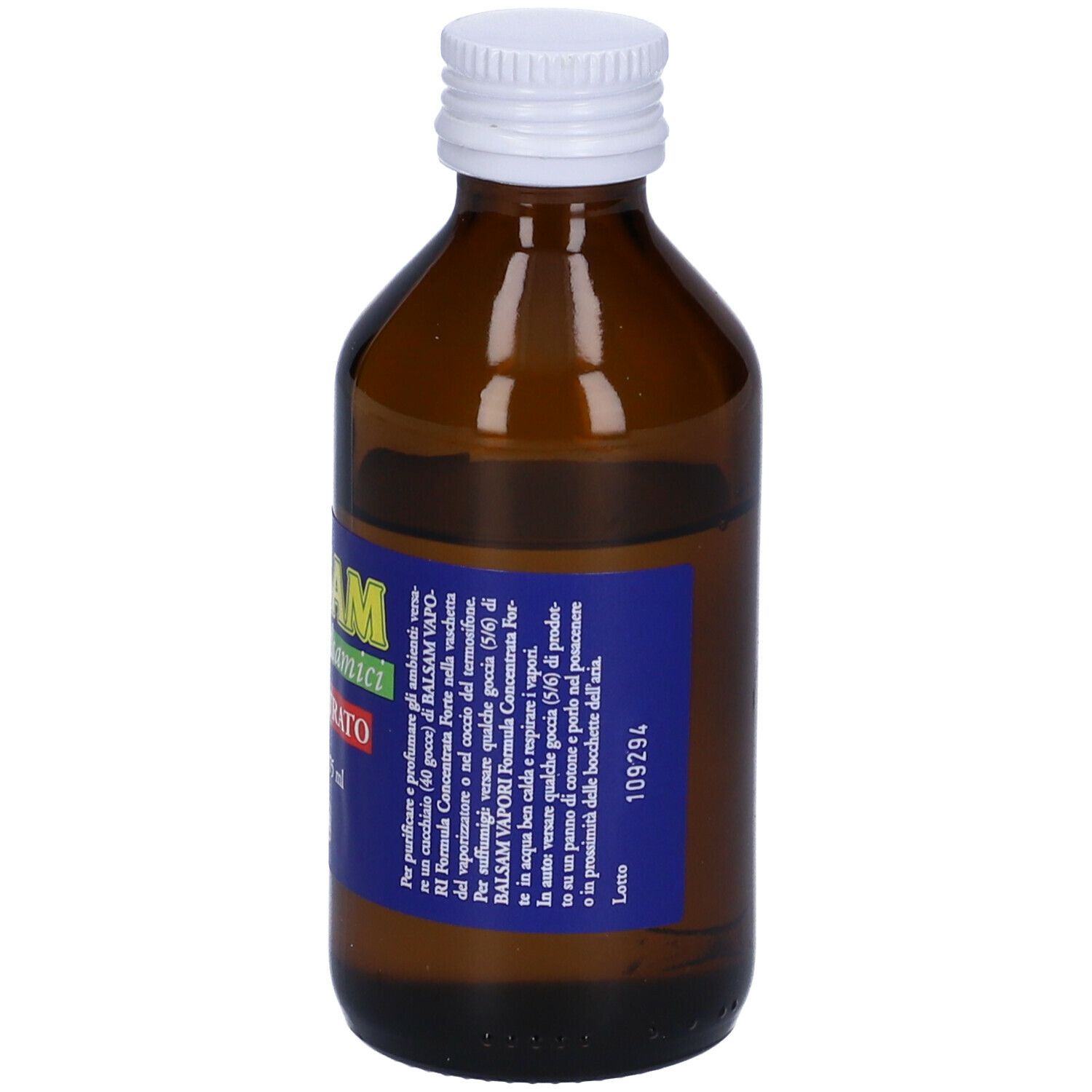 Flacone di vetro marrone con tappo bianco. Etichetta con testo. Flacone di SELLA.