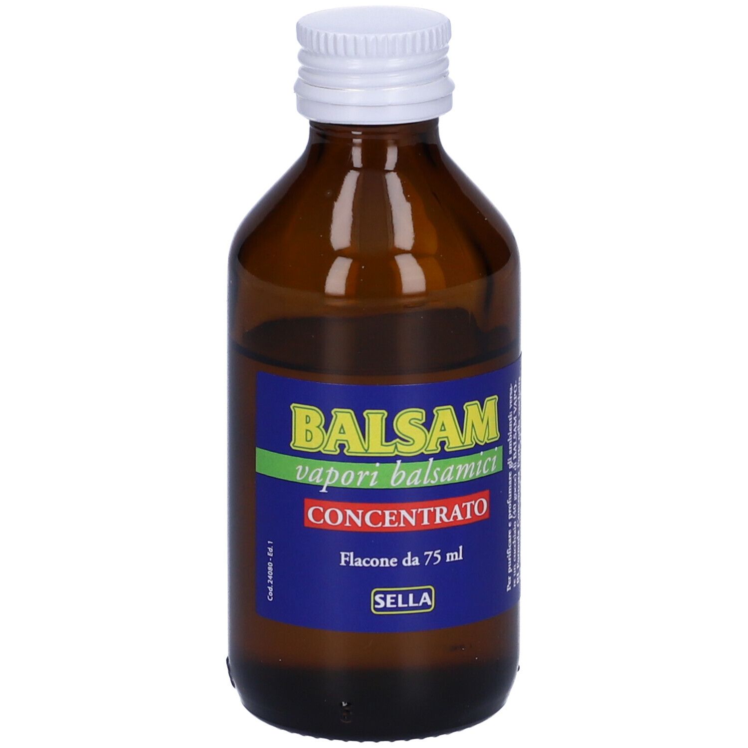Flacone di vetro marrone con tappo bianco. Etichetta con testo: BALSAM vapori balsamici Concentrato. Flacone di SELLA.