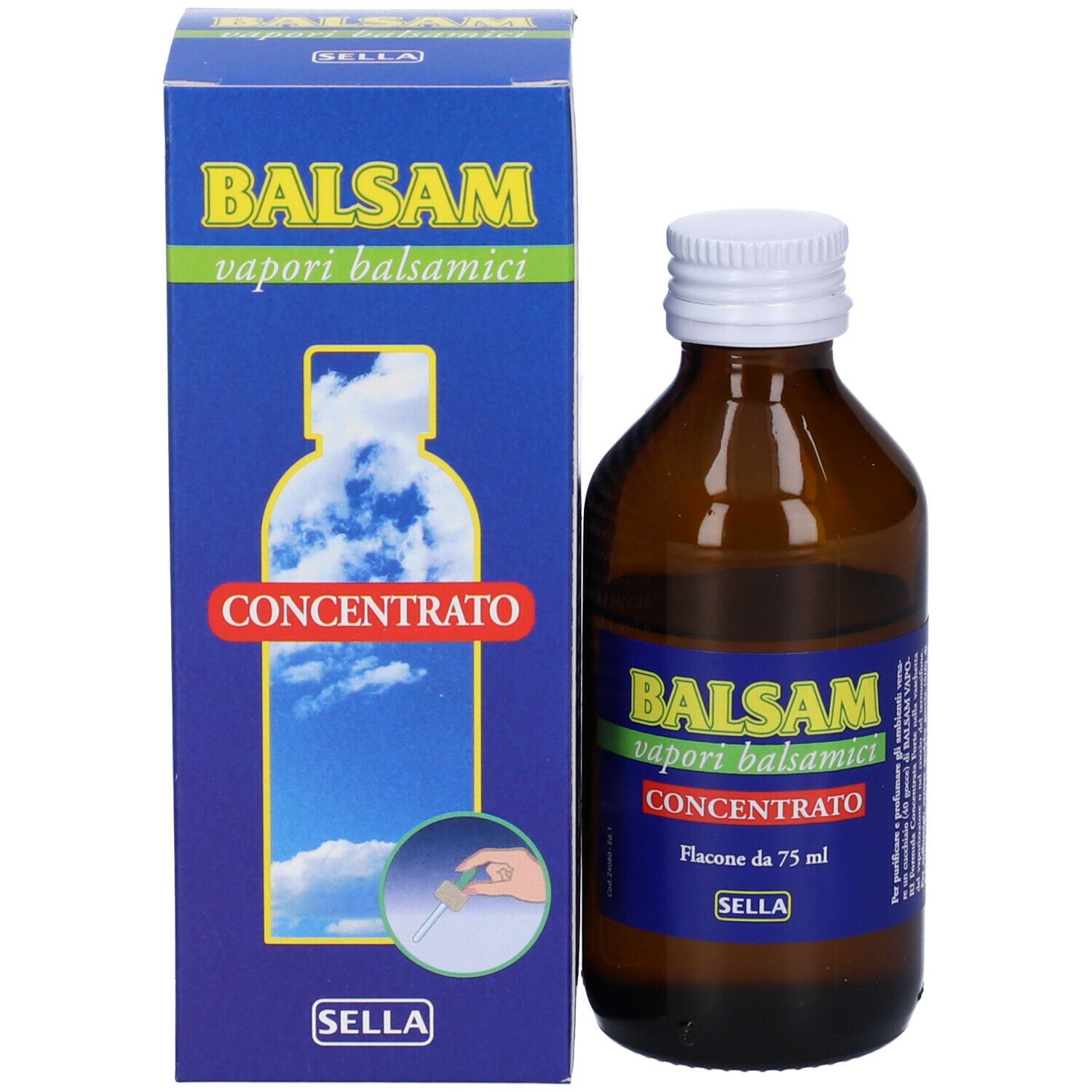 Confezione del prodotto con flacone. Scatola blu con testo: BALSAM vapori balsamici Concentrato. Flacone di SELLA.