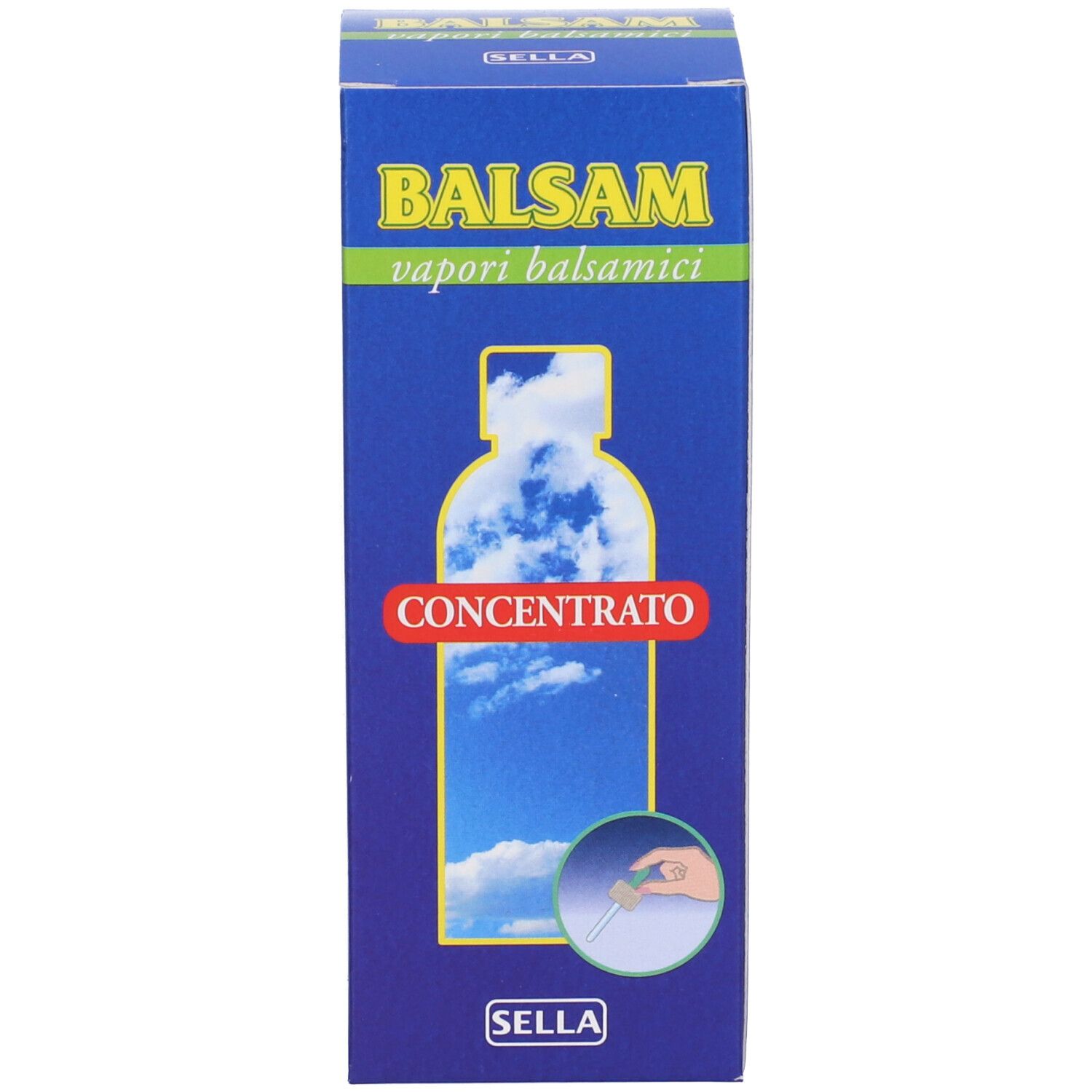 Confezione del prodotto. Scatola blu con testo: BALSAM vapori balsamici Concentrato. Marchio SELLA.