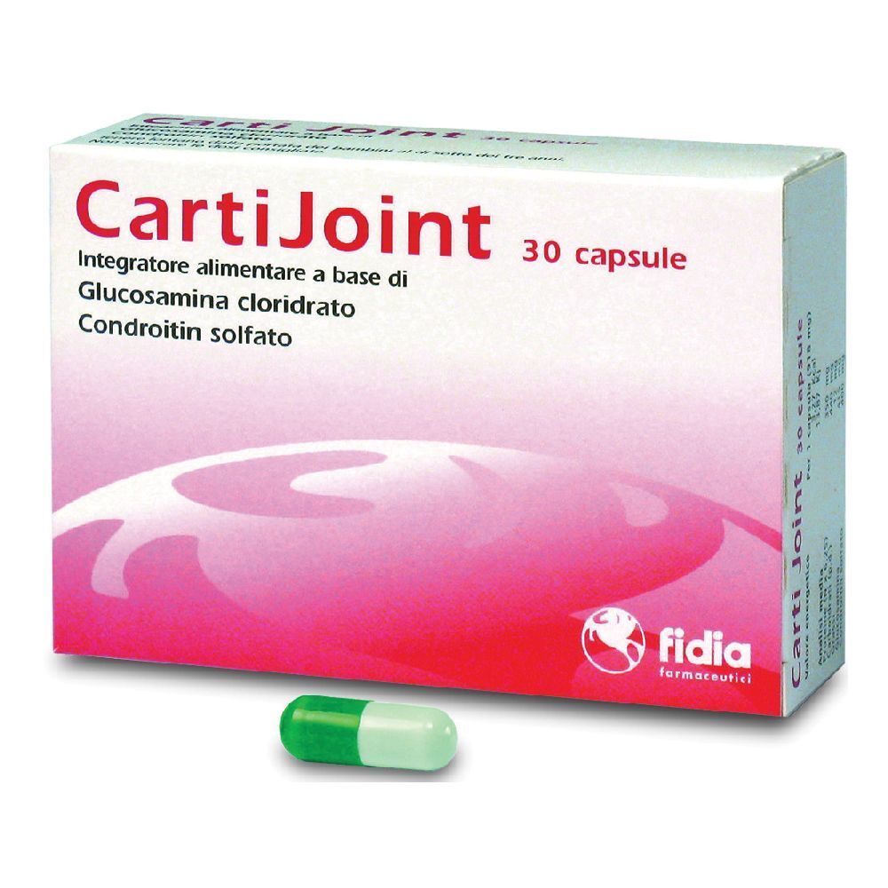 Capsula accanto a una scatola. Sulla scatola c'è scritto CartiJoint. 30 capsule. Capsula verde e bianca.