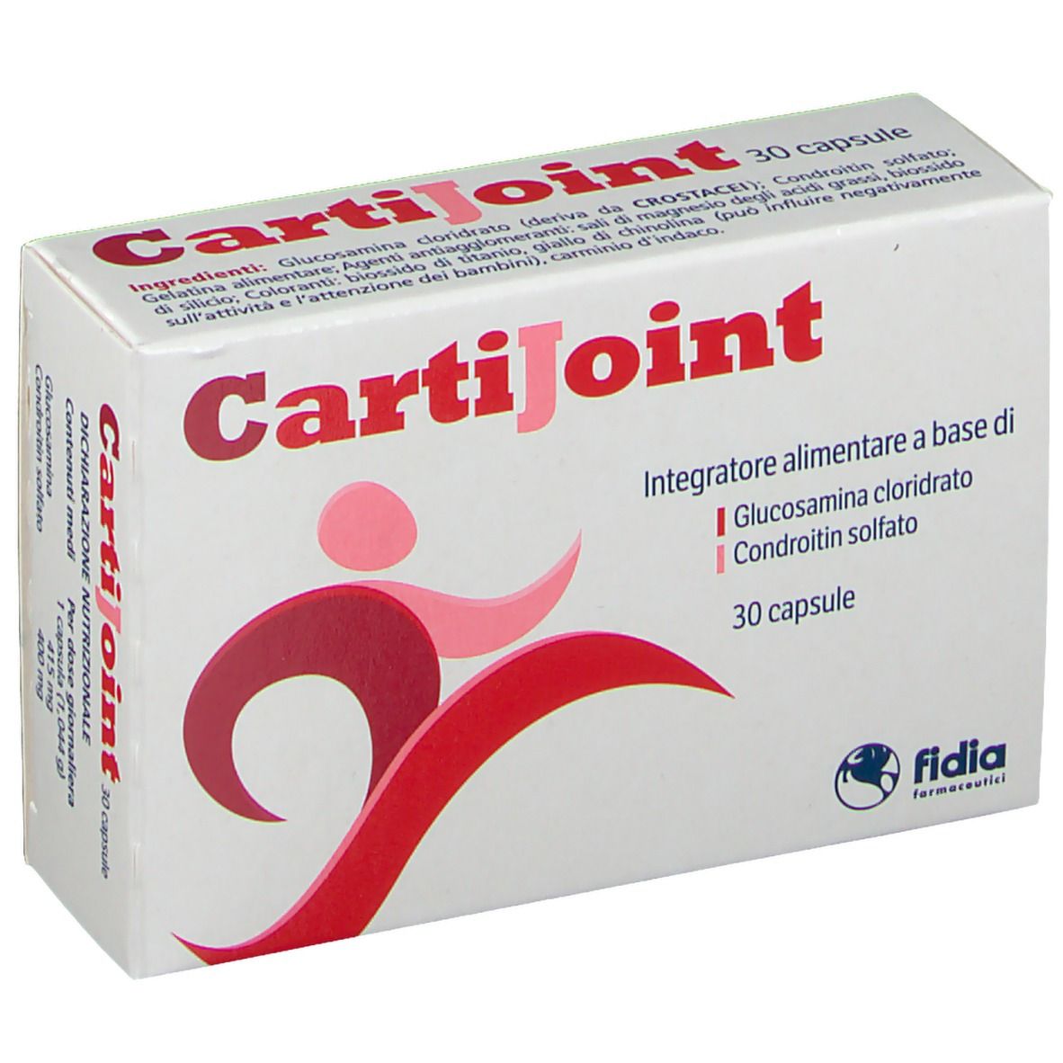 Scatola con logo e testo CartiJoint. 30 capsule. Logo Fidia. Figura rossa e rosa.