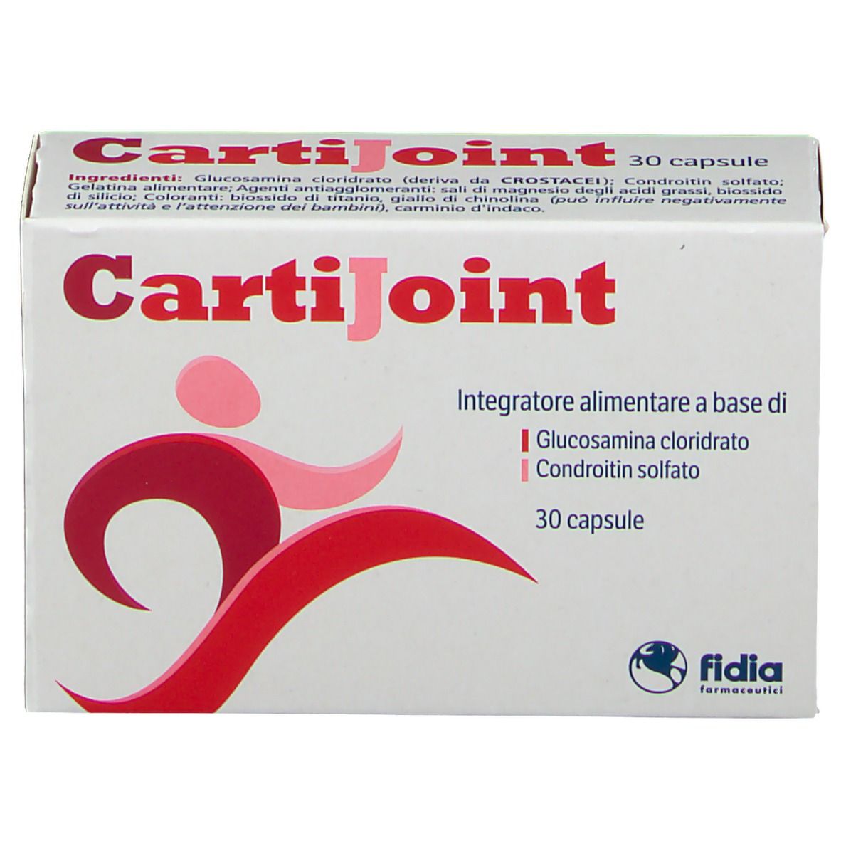 Scatola con logo e testo CartiJoint. 30 capsule. Logo Fidia. Figura rossa e rosa.