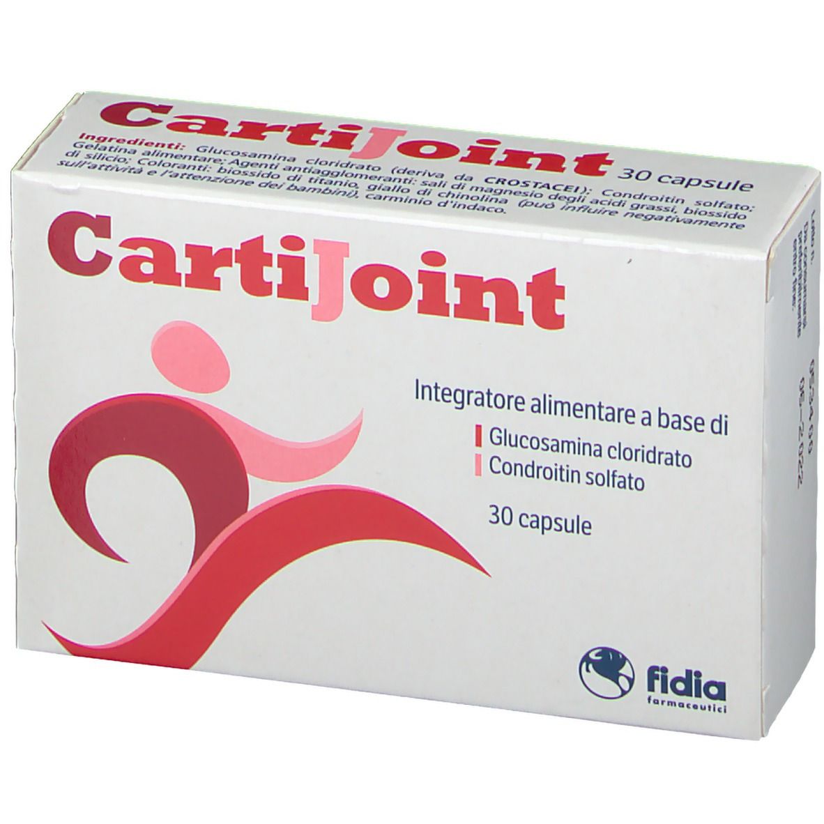 Scatola con logo e testo CartiJoint. 30 capsule. Logo Fidia. Figura rossa e rosa.