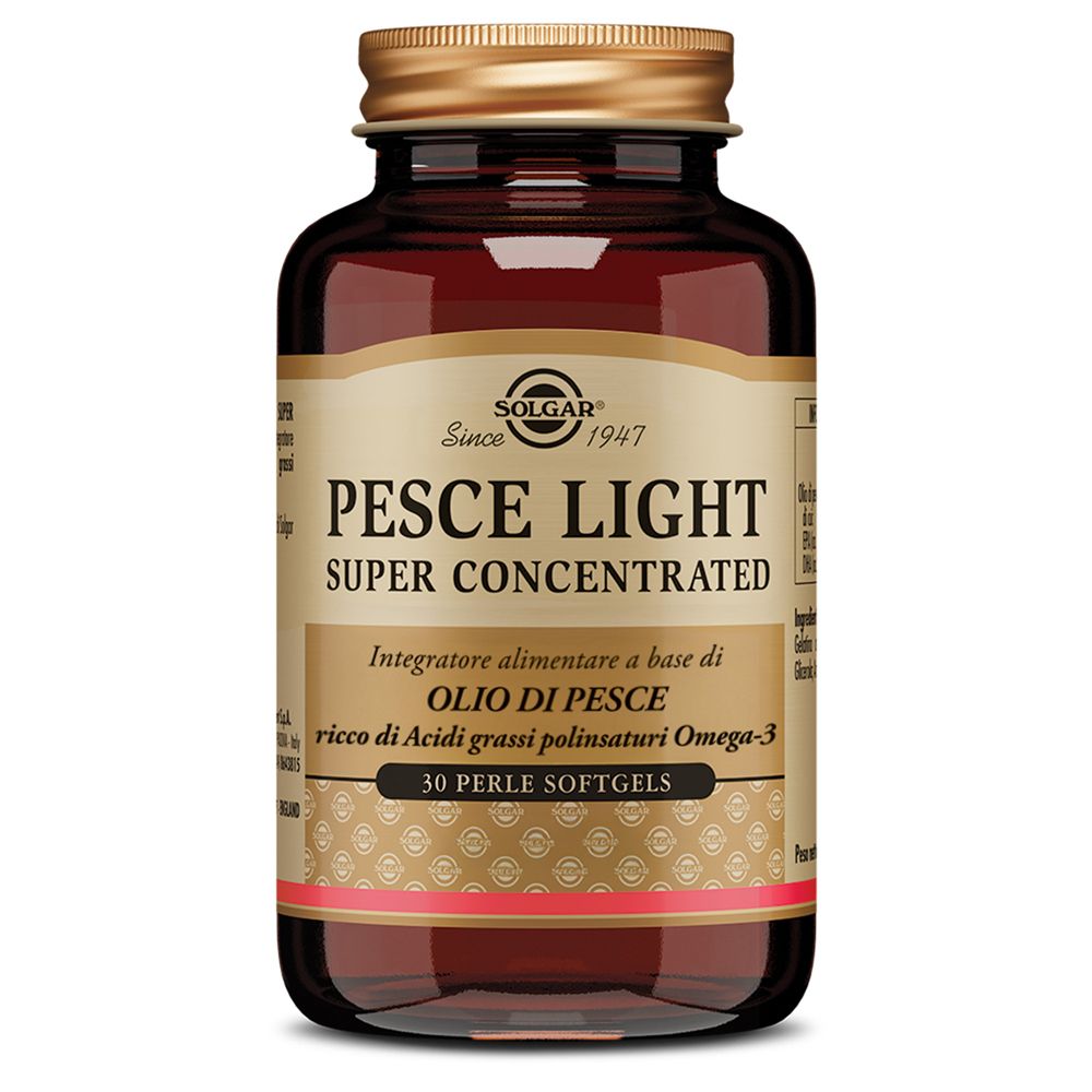 Flacone di vetro marrone con tappo dorato. Etichetta con testo: PESCE LIGHT, SUPER CONCENTRATED, 30 Perle Softgels.