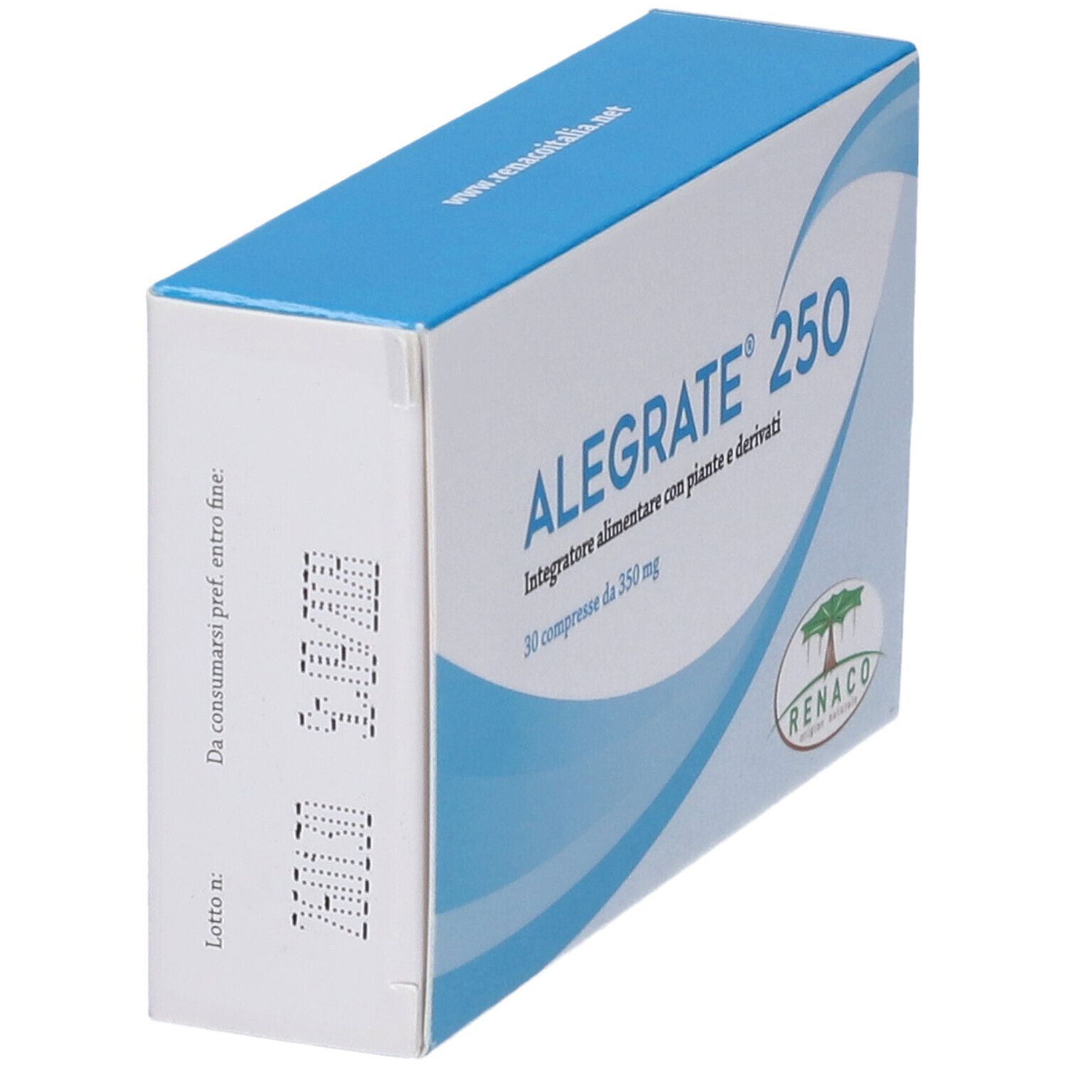 Scatola Alegrate 250. Confezione bianca e blu. Scritta: 30 compresse da 350 mg. Logo Renaco.