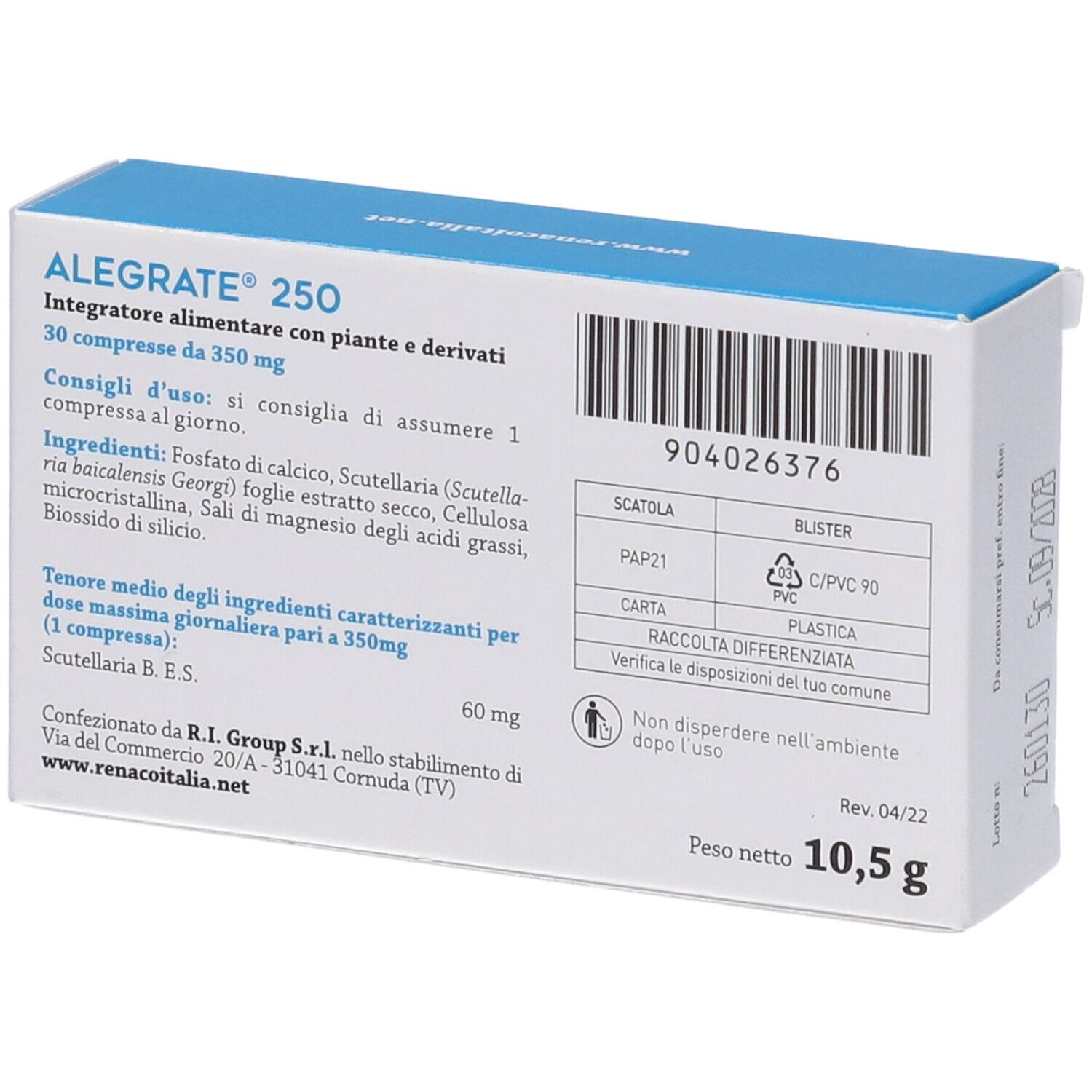 Retro della scatola Alegrate 250. Contiene informazioni su ingredienti e dosaggio. Peso: 10,5 g.