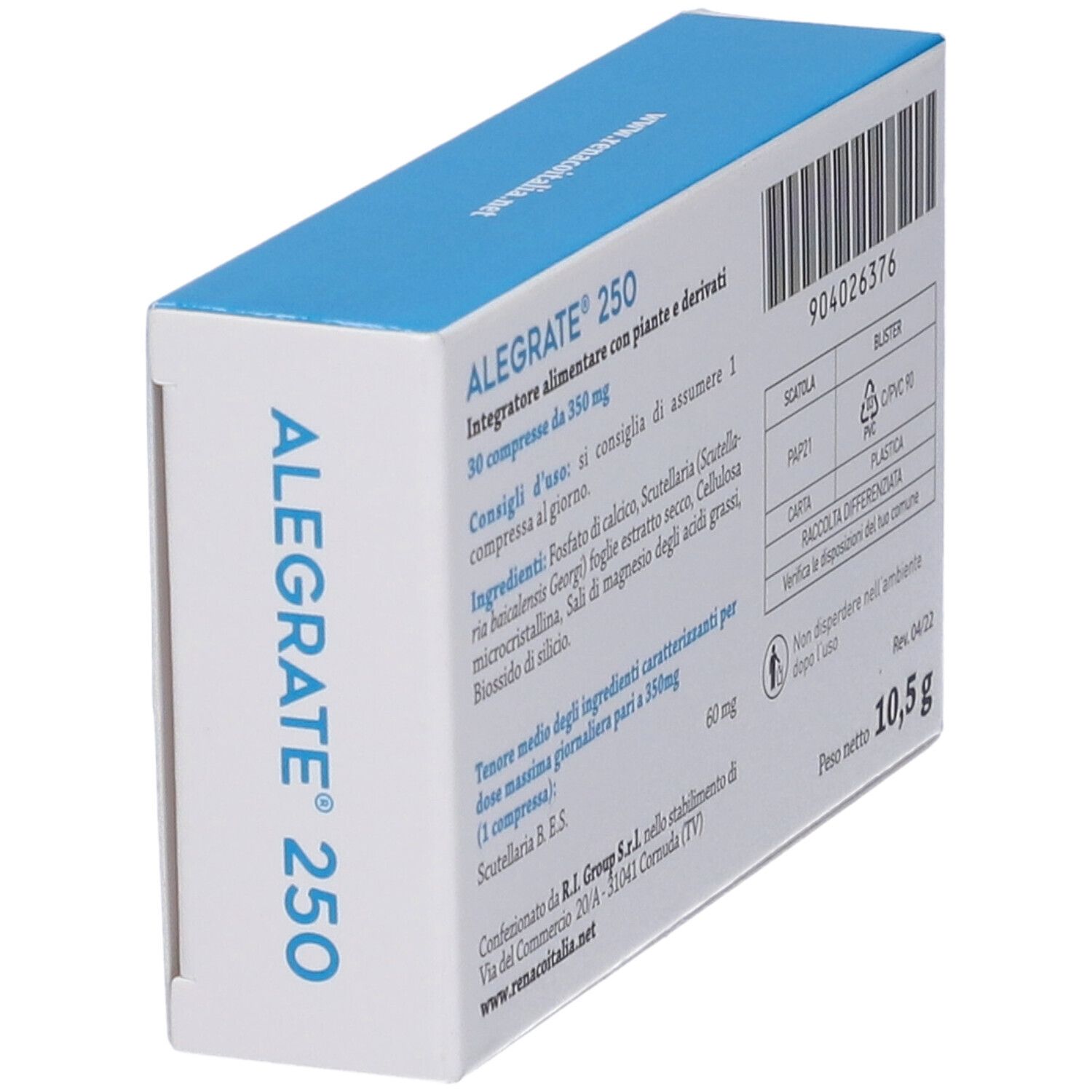 Scatola Alegrate 250. Confezione bianca e blu. Scritta: 30 compresse da 350 mg. Logo Renaco.
