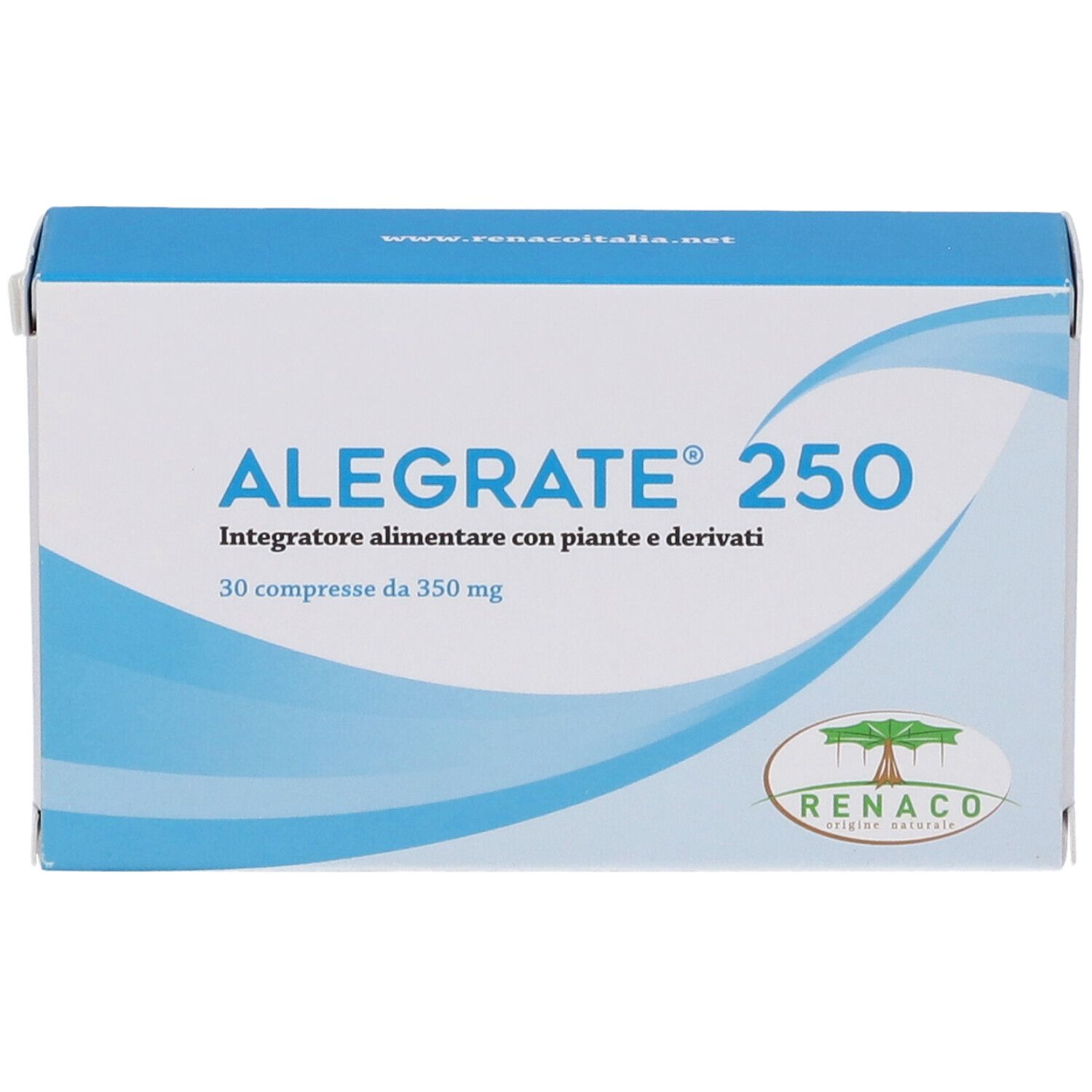 Scatola Alegrate 250. Confezione bianca e blu. Scritta: 30 compresse da 350 mg. Logo Renaco.
