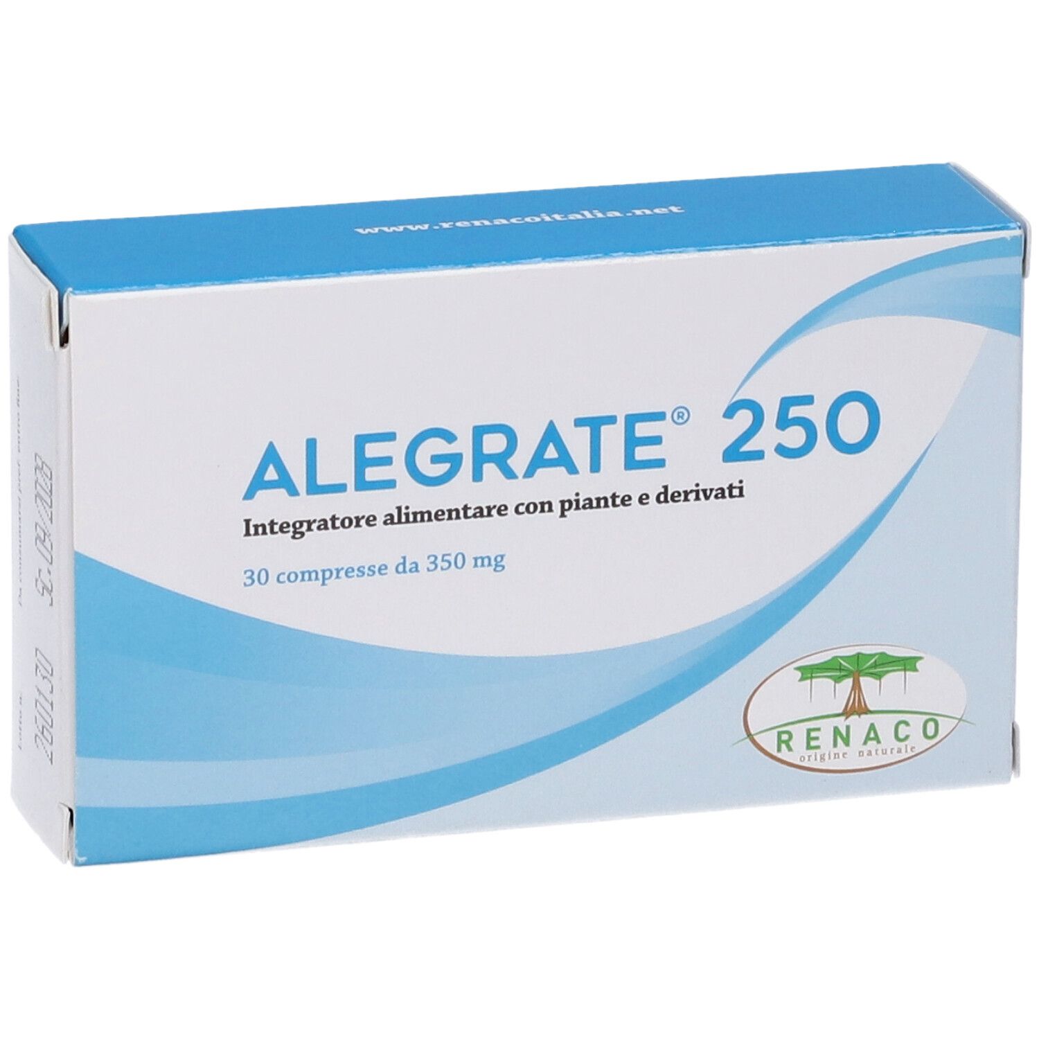Scatola Alegrate 250. Confezione bianca e blu. Scritta: 30 compresse da 350 mg. Logo Renaco.