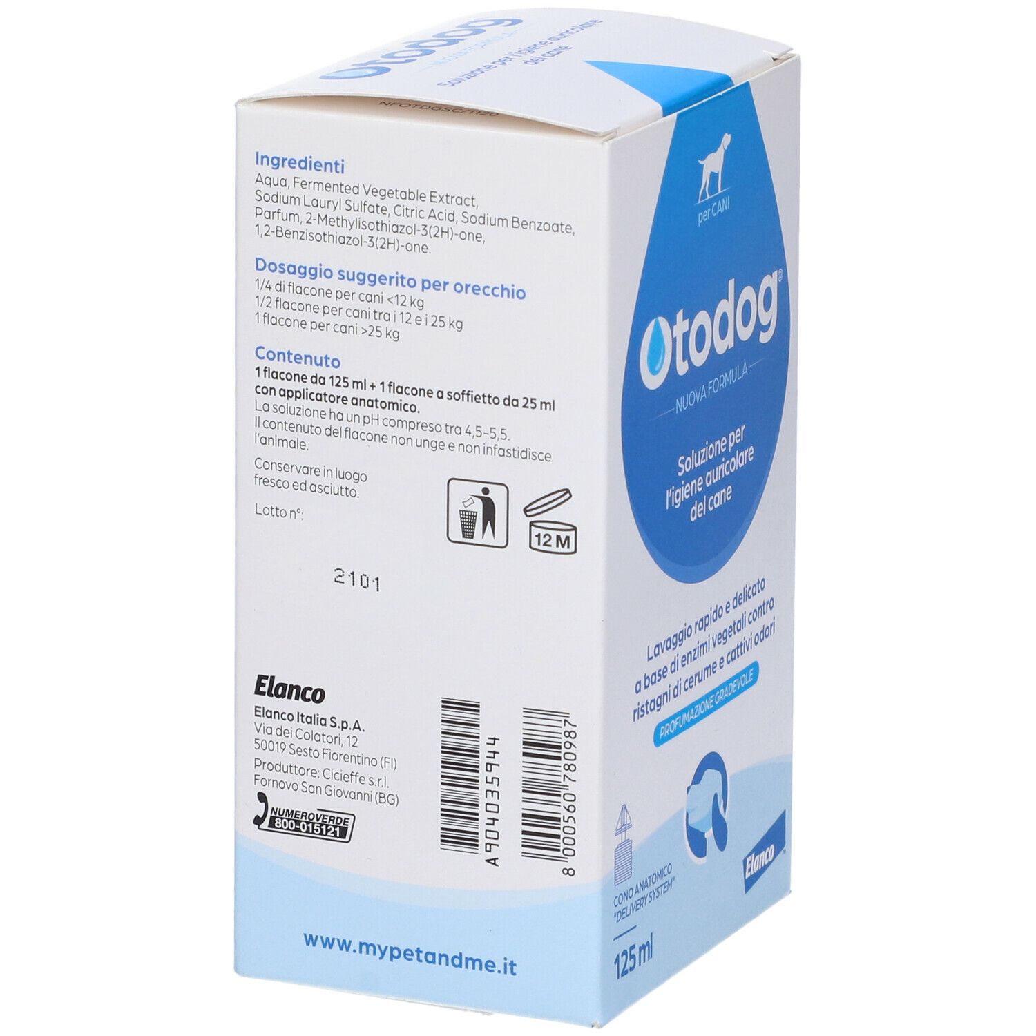 Retro della confezione Otodog. Elenco ingredienti, dosaggio, informazioni produttore e codice a barre.