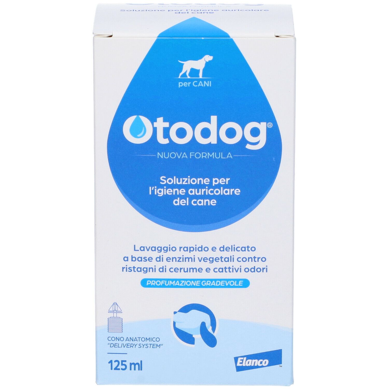 Confezione Otodog. Forma a goccia blu con nome e testo del prodotto. 125 ml. Logo Elanco.