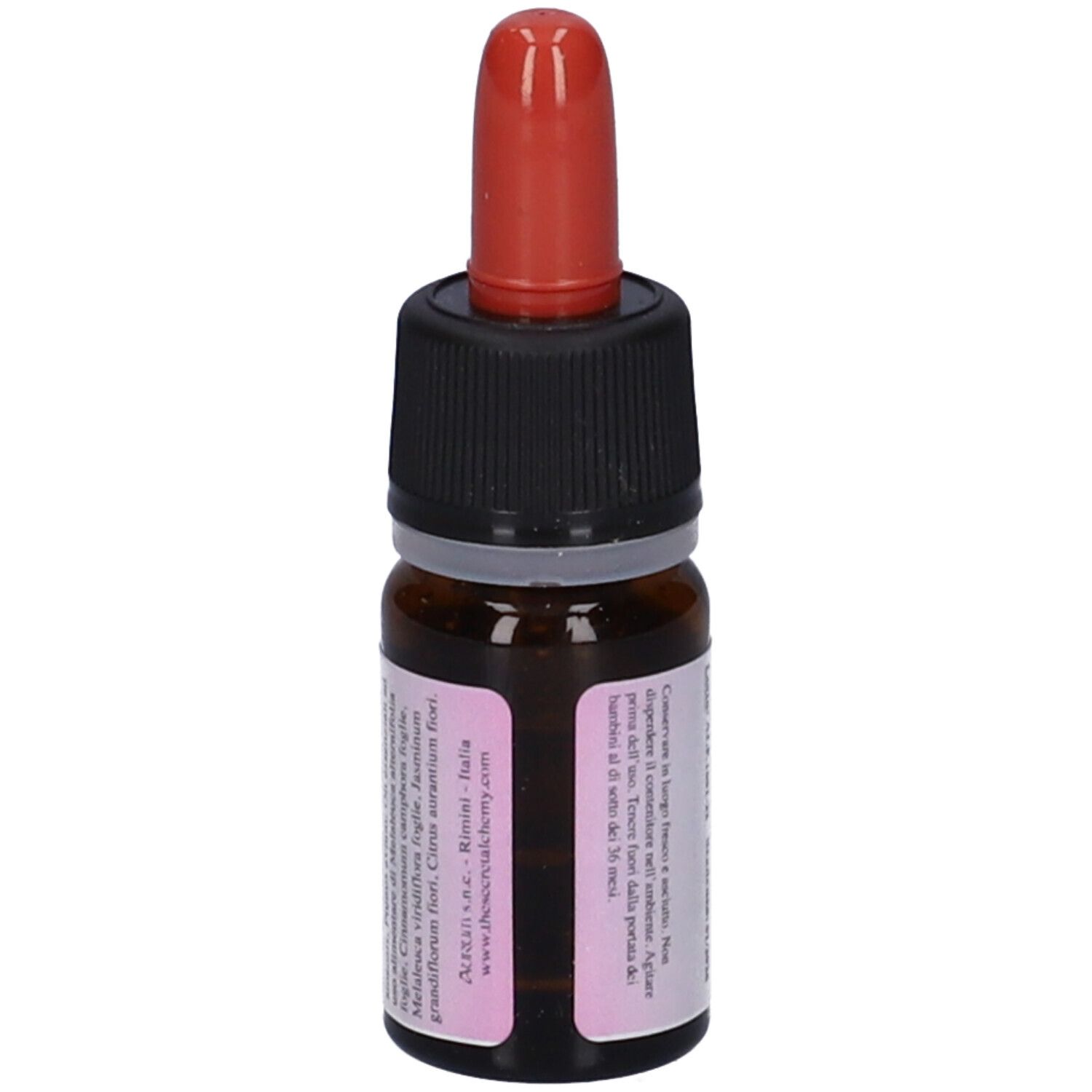 Flacone di vetro marrone con contagocce rosso. Tappo nero. Etichetta con testo.